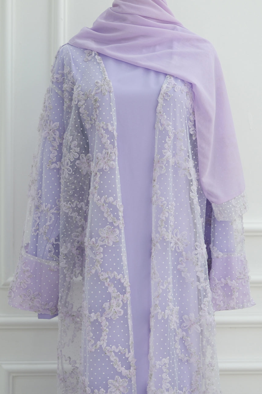 Vionne 3D Floral Mesh Open Abaya 1074 – Purple
