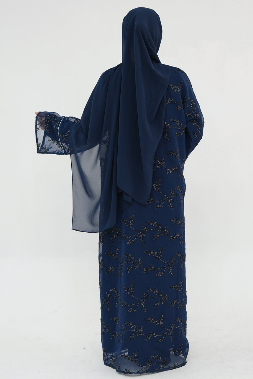 Meadowe Full Embroidered Mesh Open Abaya 1075 – Blue