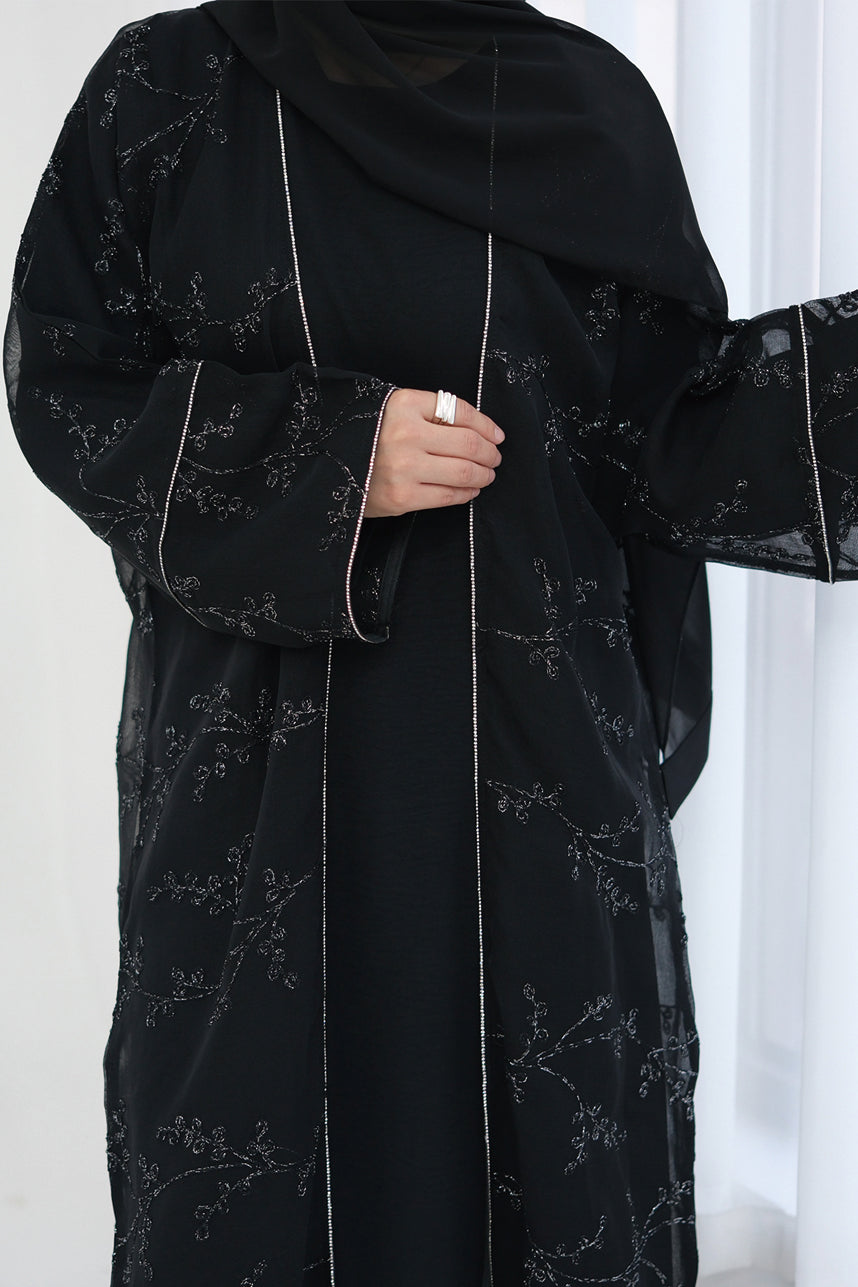 Meadowe Full Embroidered Mesh Open Abaya 1075 – Black