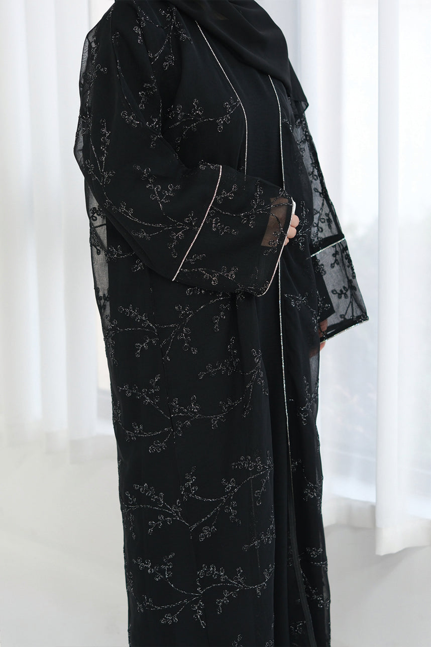 Meadowe Full Embroidered Mesh Open Abaya 1075 – Black