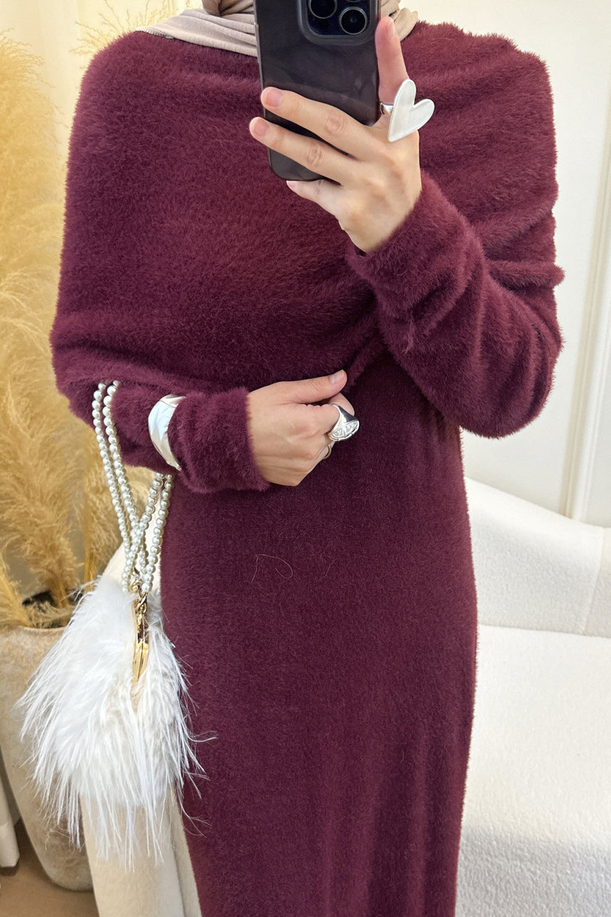 Estara Soft Fleece Draped Shoulder Dress Set 1085 - Burgundy