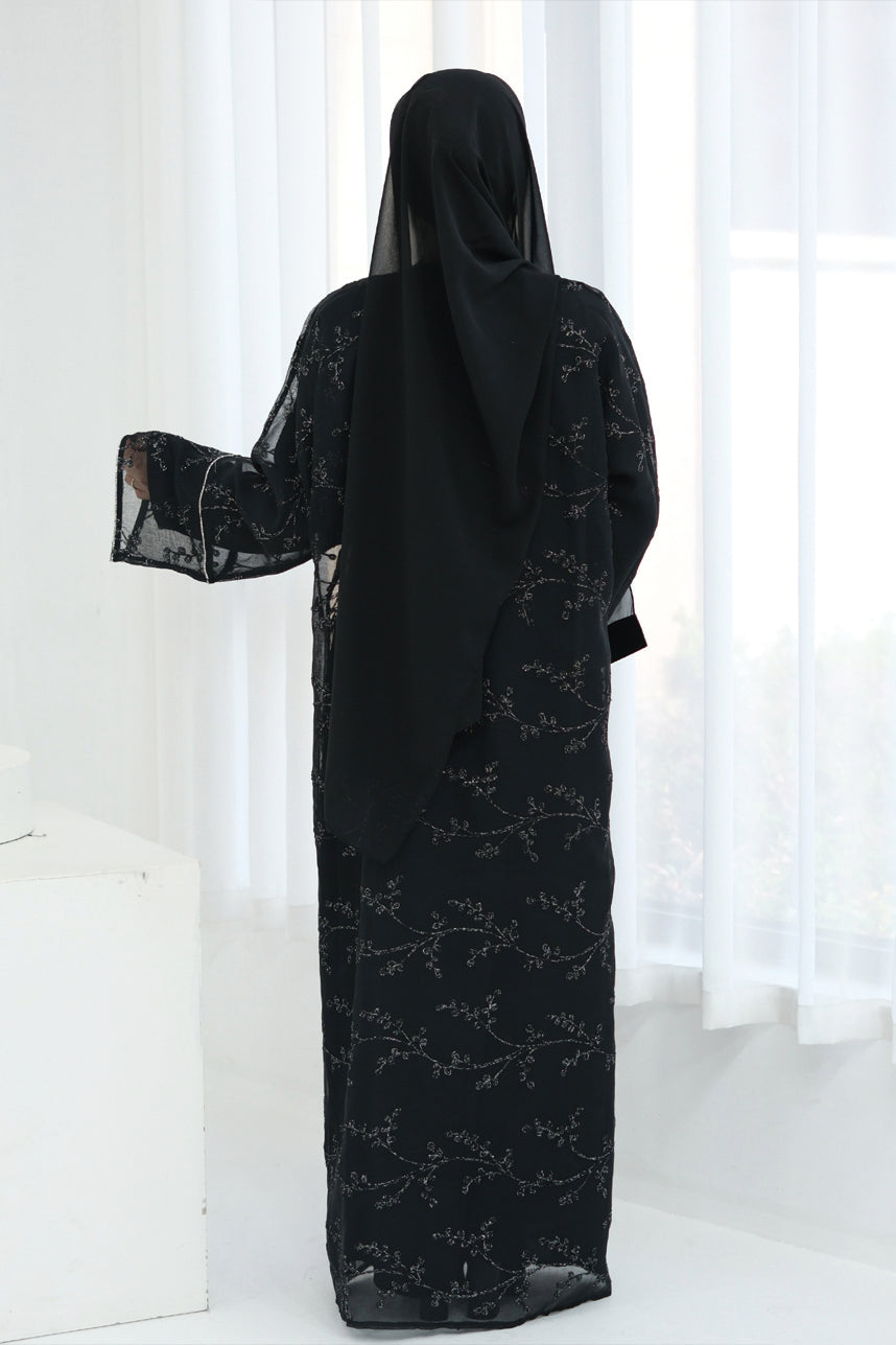 Meadowe Full Embroidered Mesh Open Abaya 1075 – Black