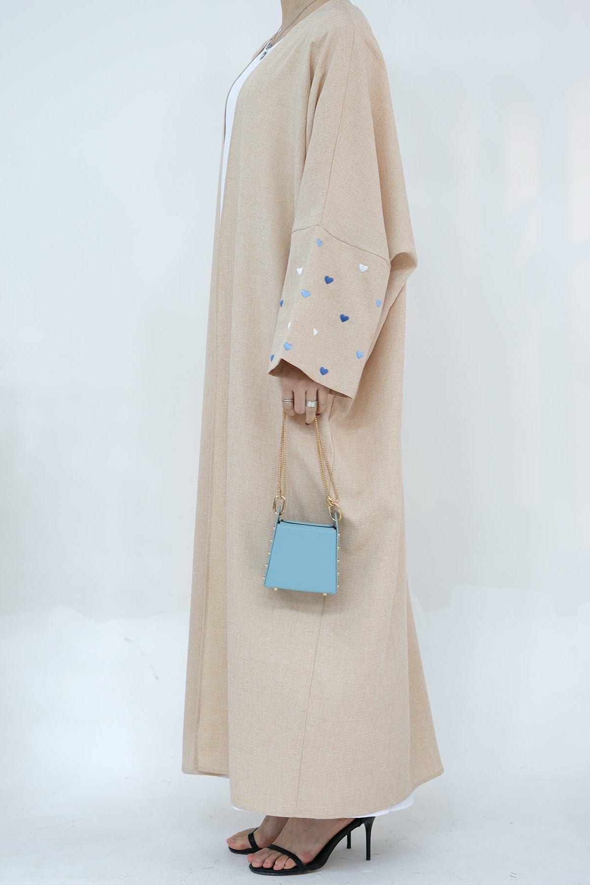 Hasna Heart Pattern Embroidery Linen Modest Open Abaya 712 - Khaki - Meliza