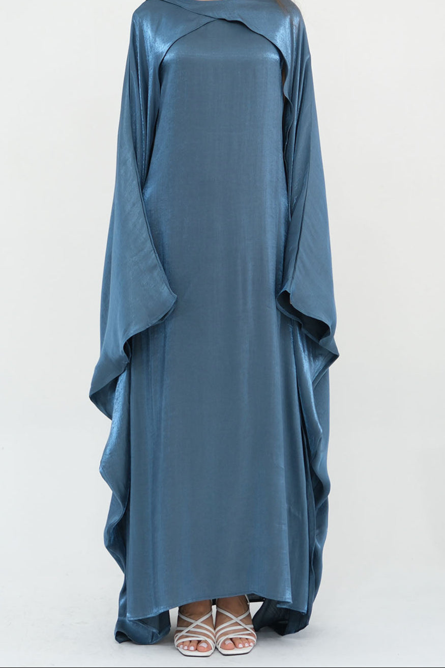 Solenne Pearl-Sheen Elegant Two-Piece Abaya 1028 – Steel Blue