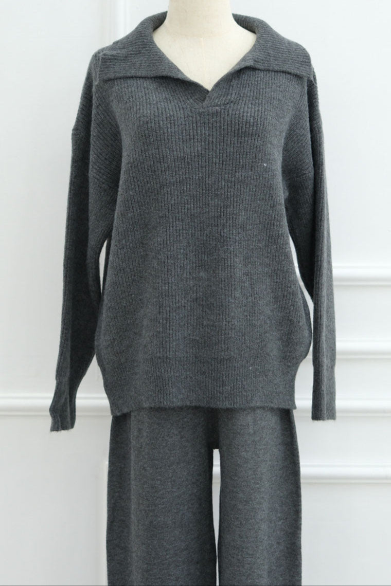 Monara Collared Thick-Knit Two-Piece Modest Set 008 – Dark Gray