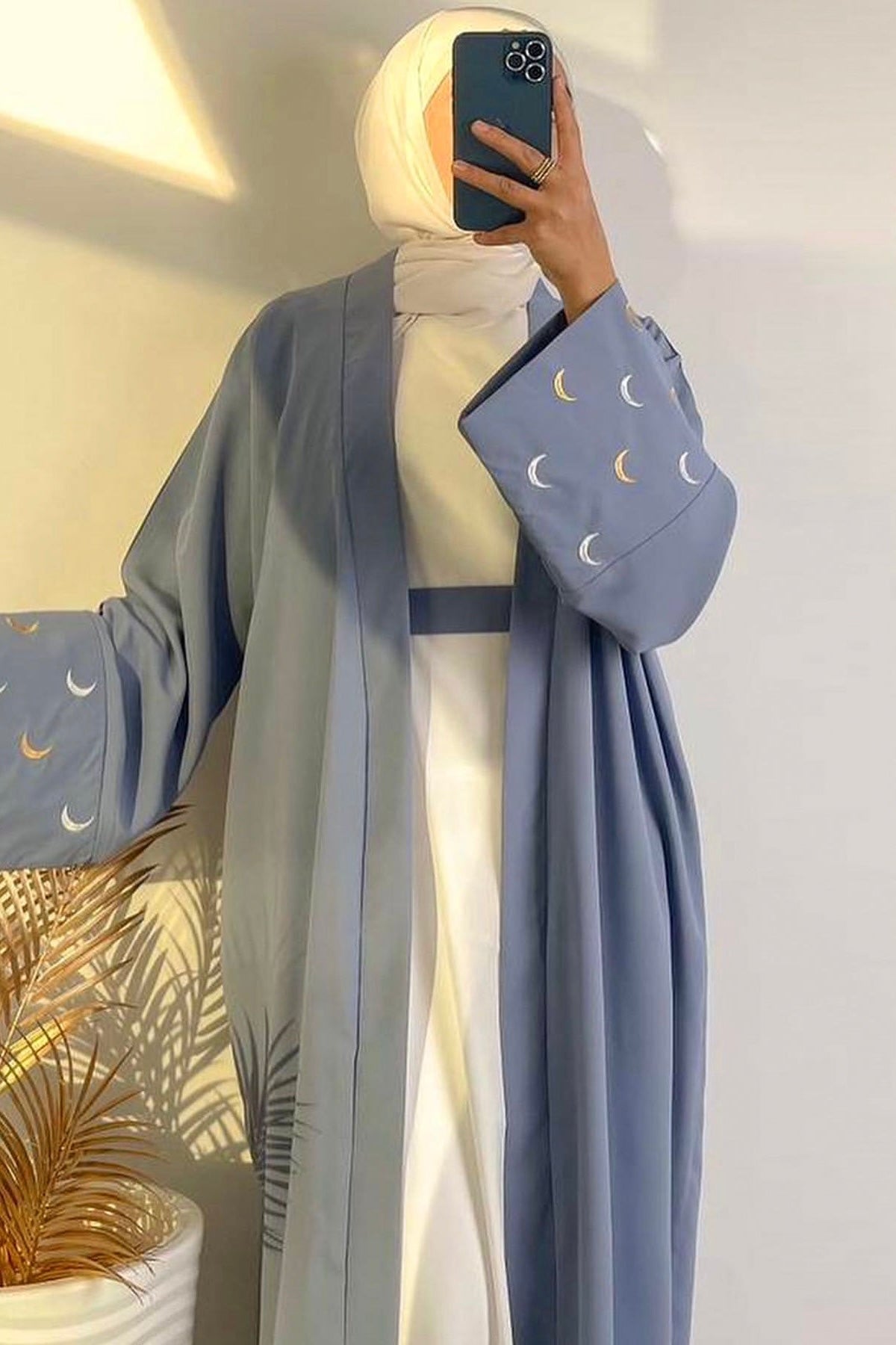Najma Moon Embroidery modest open abaya with belt 785 - Light Blue - Meliza