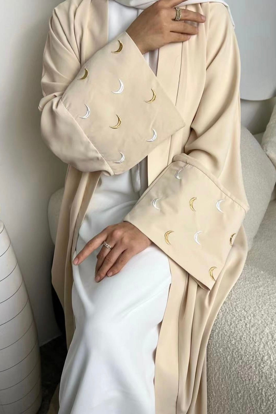 Najma Moon Embroidery modest open abaya with belt 785 - Beige - Meliza