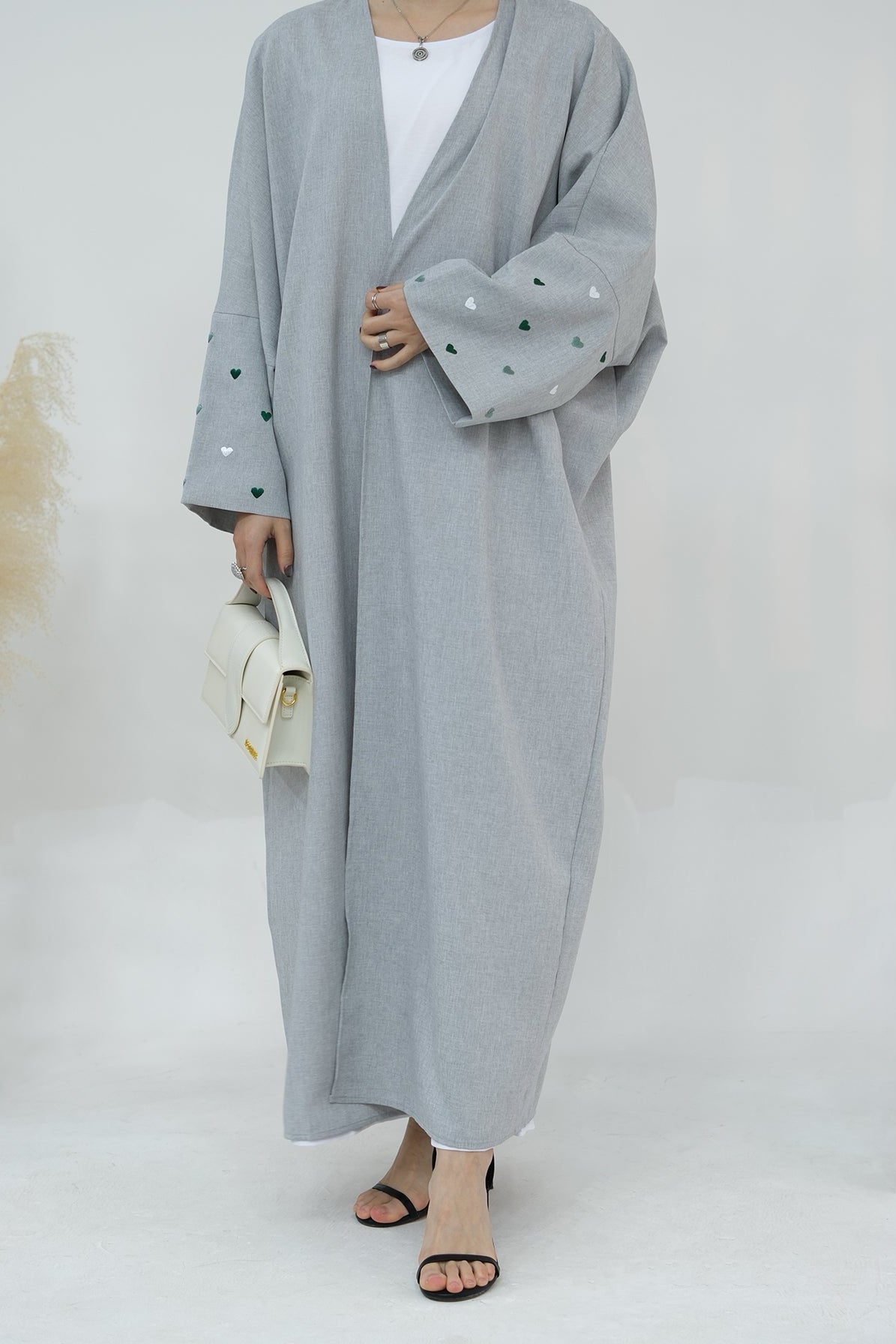 Hasna Heart Pattern Embroidery Linen Modest Open Abaya 712 - LightSteelBlue - Meliza