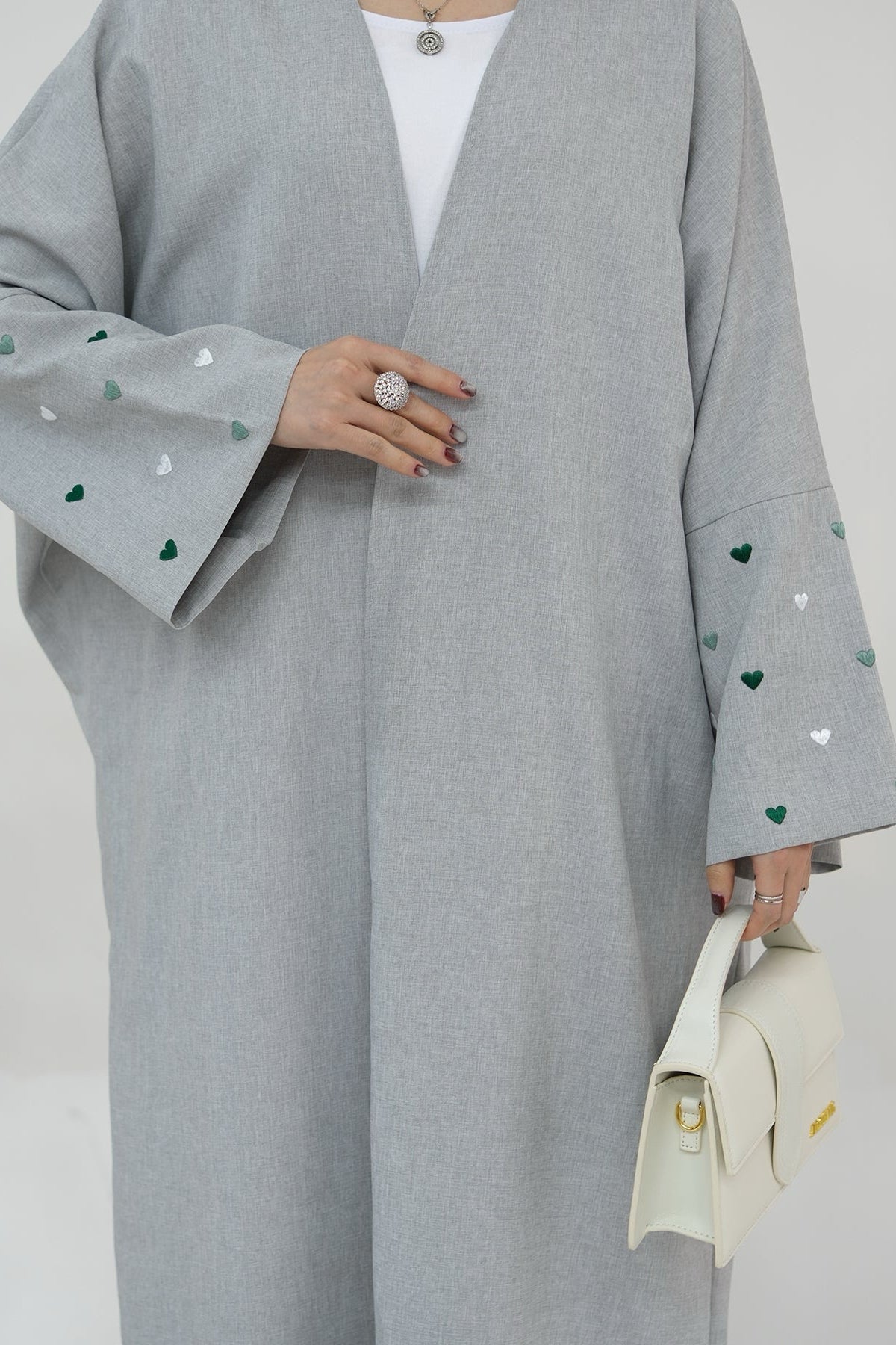Hasna Heart Pattern Embroidery Linen Modest Open Abaya 712 - LightSteelBlue - Meliza