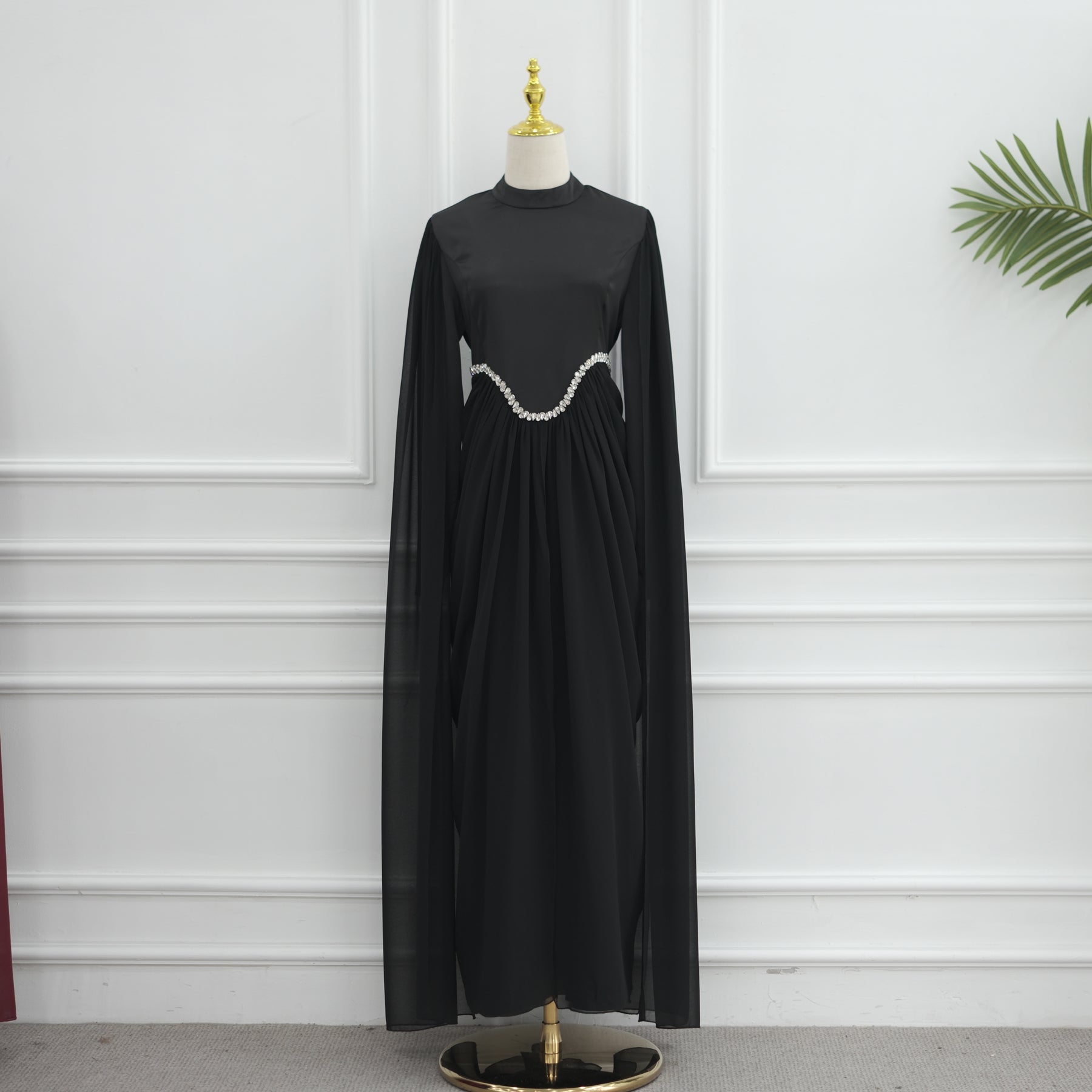 Long-sleeved dress with small high collar and diamond embellishment LR1168