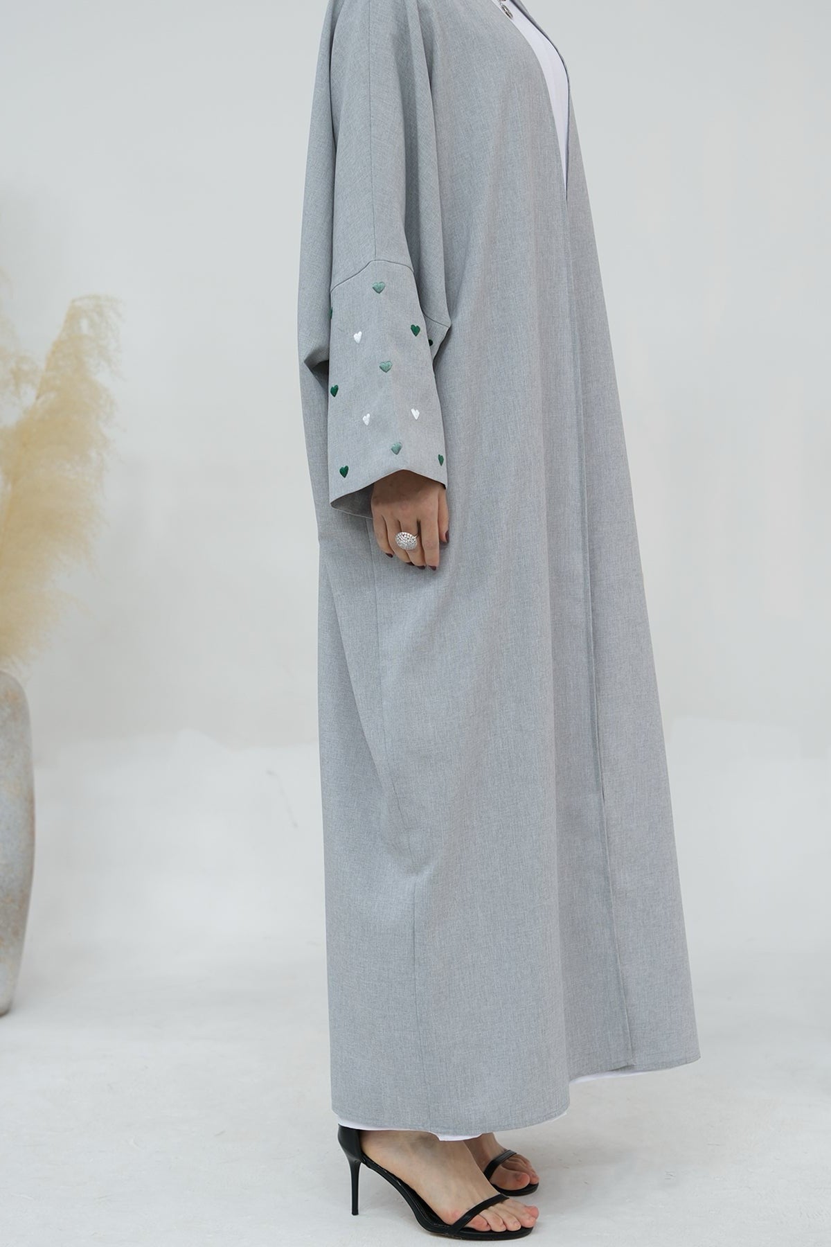 Hasna Heart Pattern Embroidery Linen Modest Open Abaya 712 - LightSteelBlue - Meliza