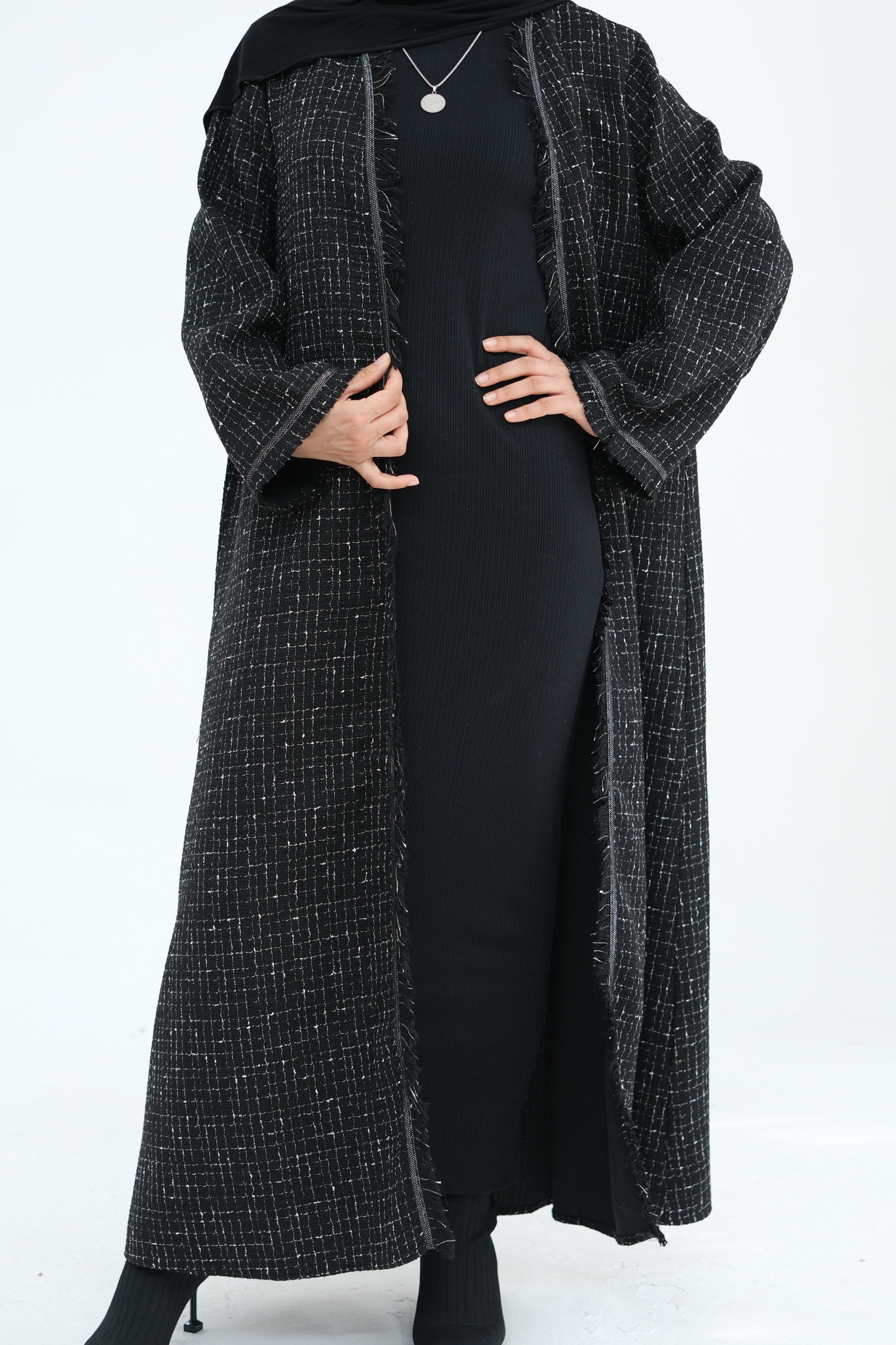 Lina Chanel Tweed Open Abaya 908 - Black