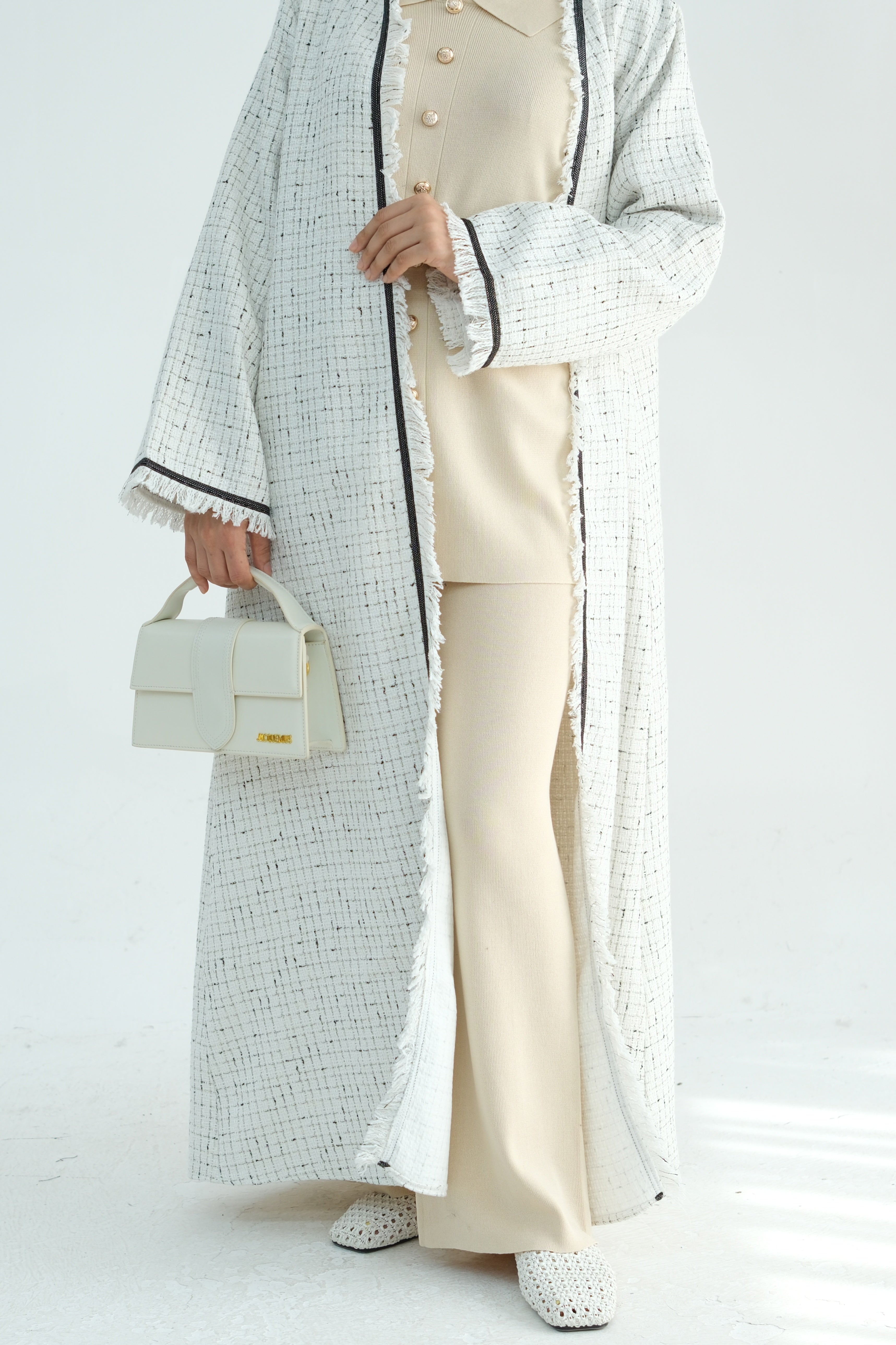 Lina Chanel Tweed Open Abaya 908 - White
