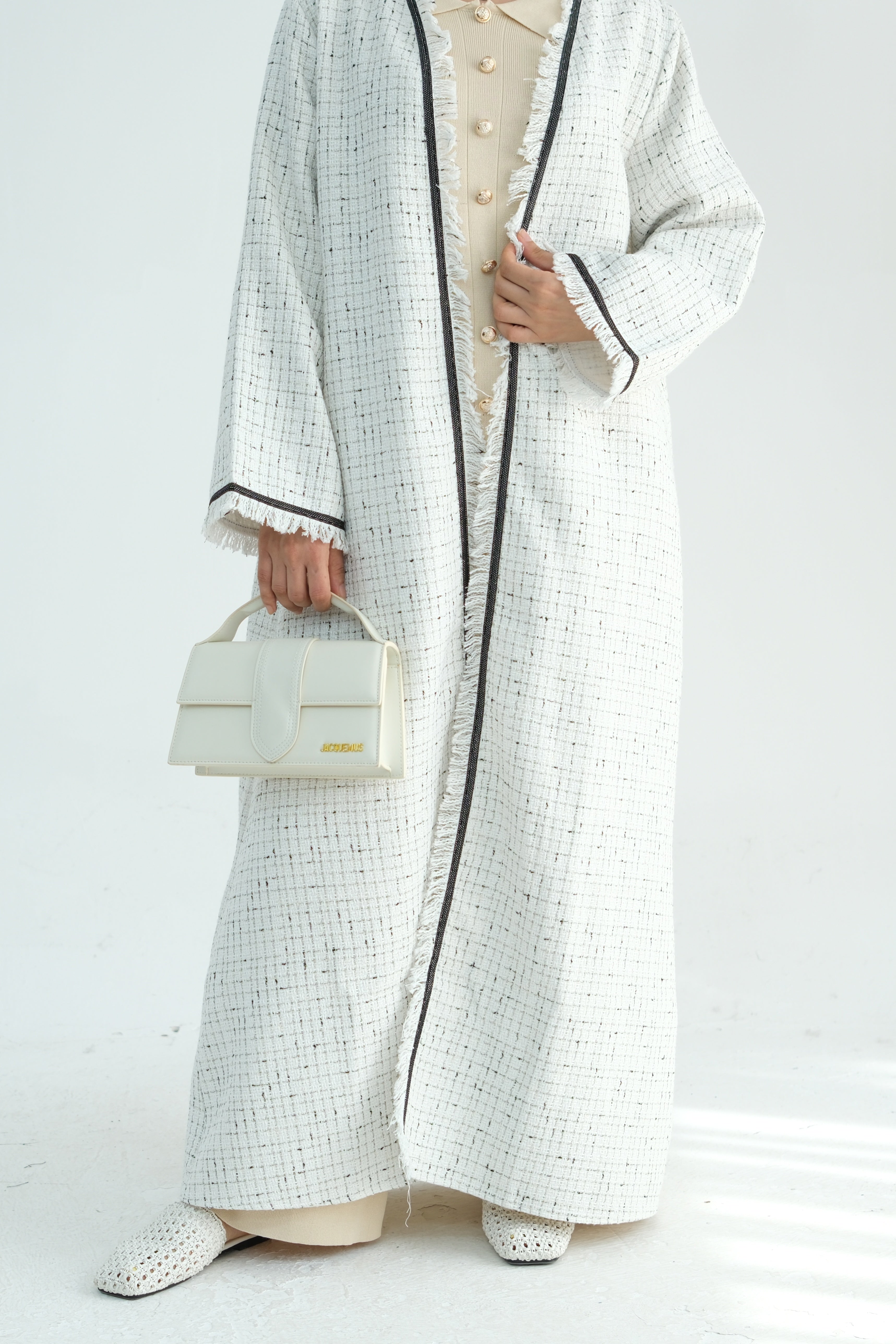 Lina Chanel Tweed Open Abaya 908 - White