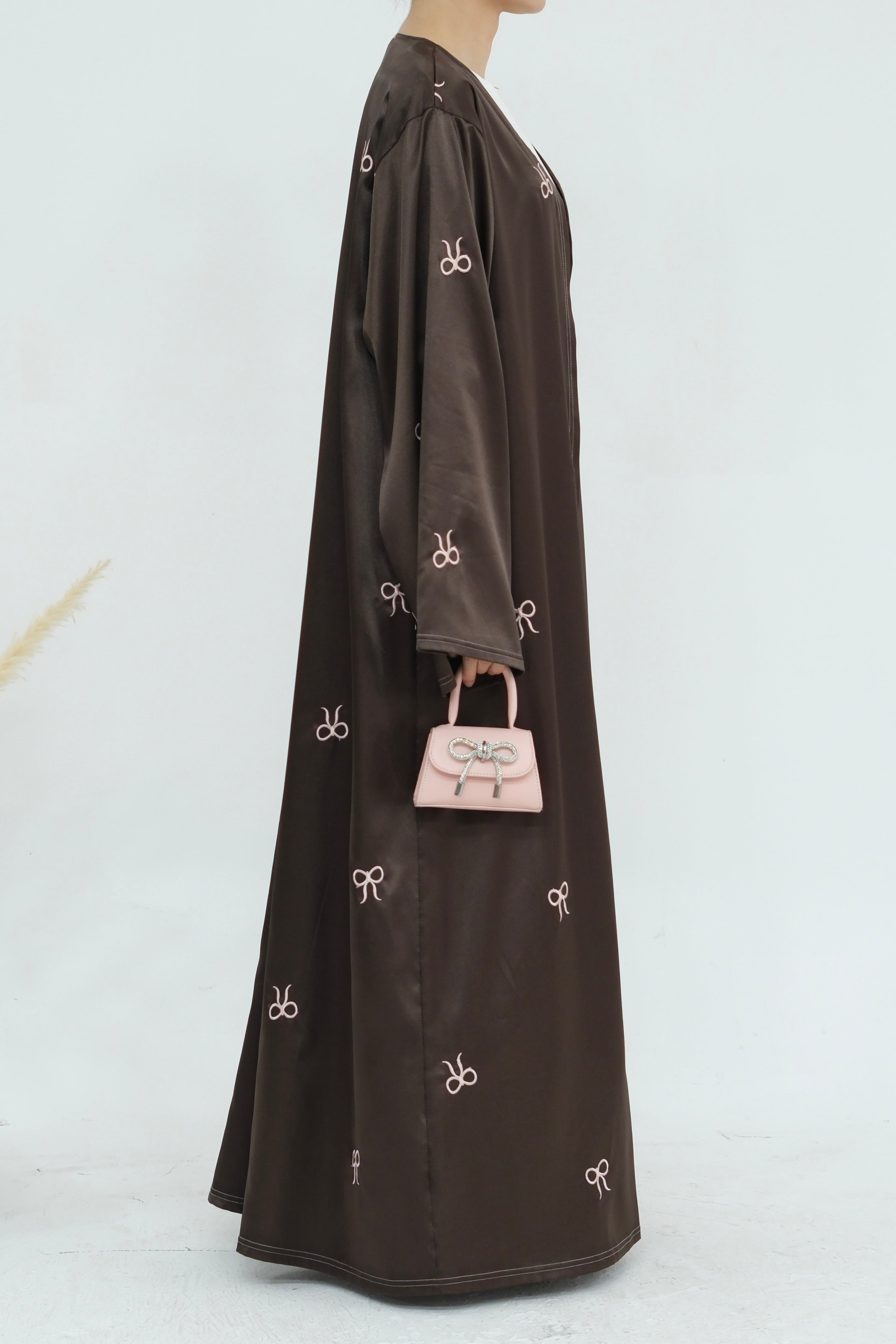 Aara Elegant Bowknot Embroidery Satin Open Abaya 798 - Coffee