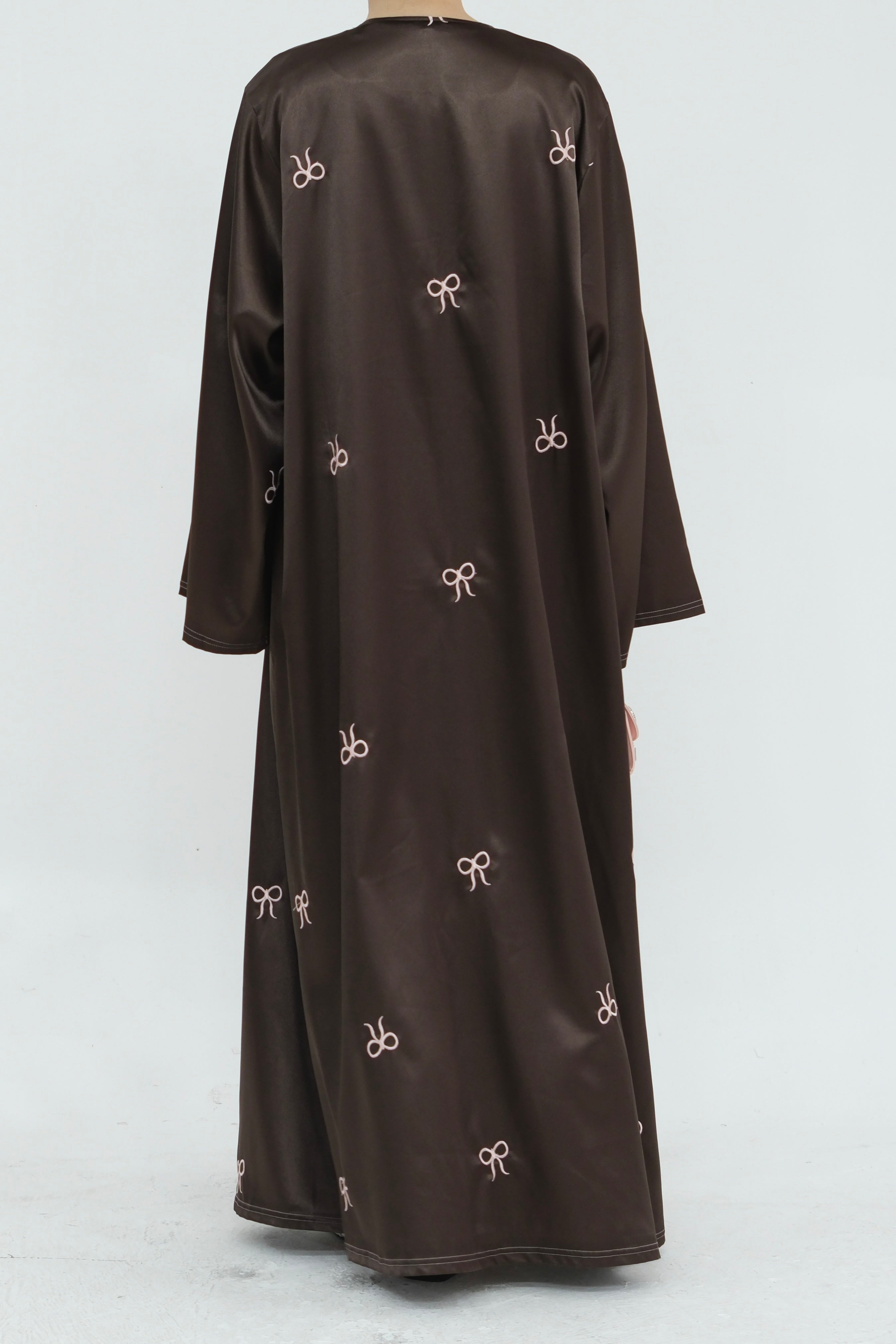 Aara Elegant Bowknot Embroidery Satin Open Abaya 798 - Coffee
