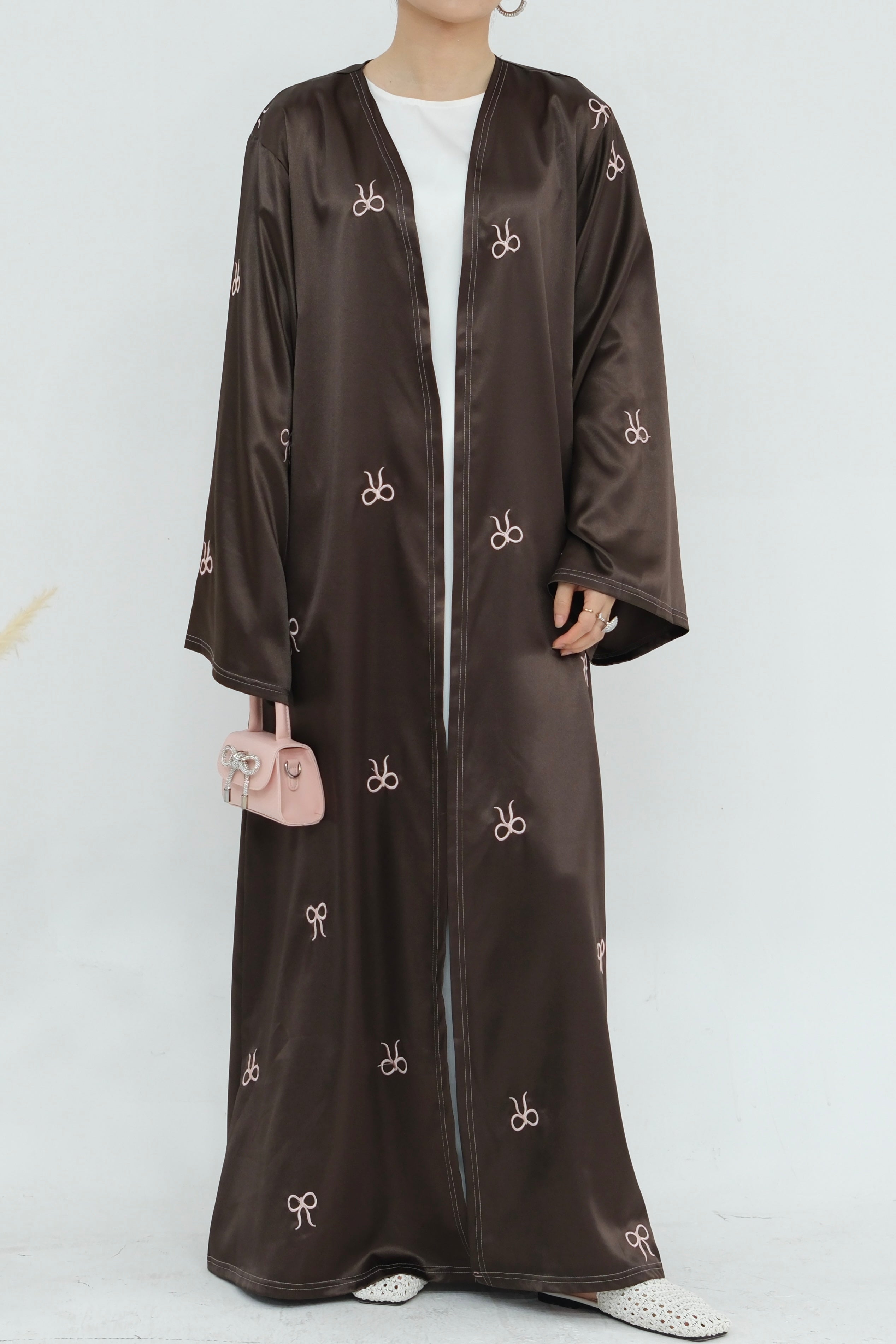 Aara Elegant Bowknot Embroidery Satin Open Abaya 798 - Coffee