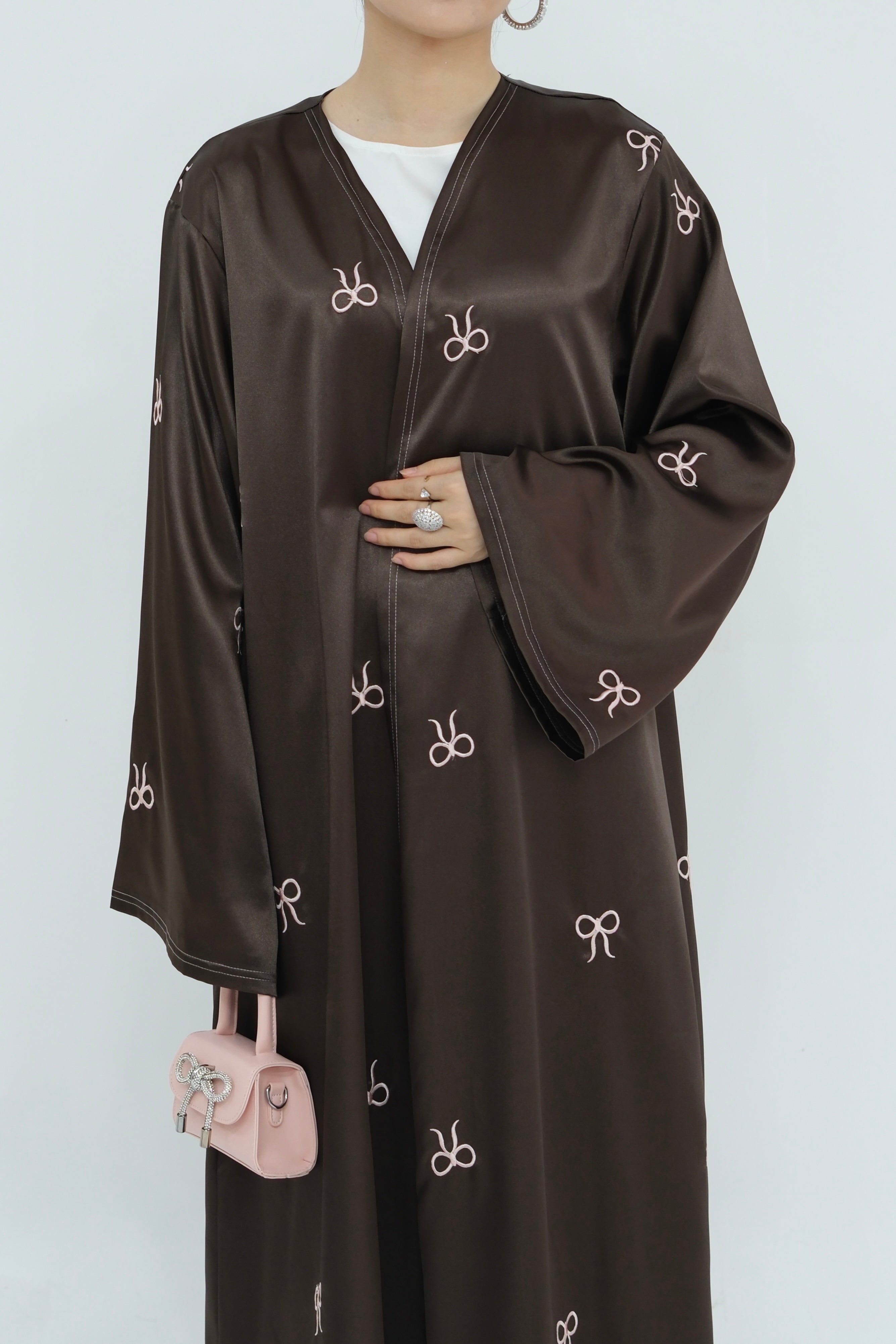 Aara Elegant Bowknot Embroidery Satin Open Abaya 798 - Coffee