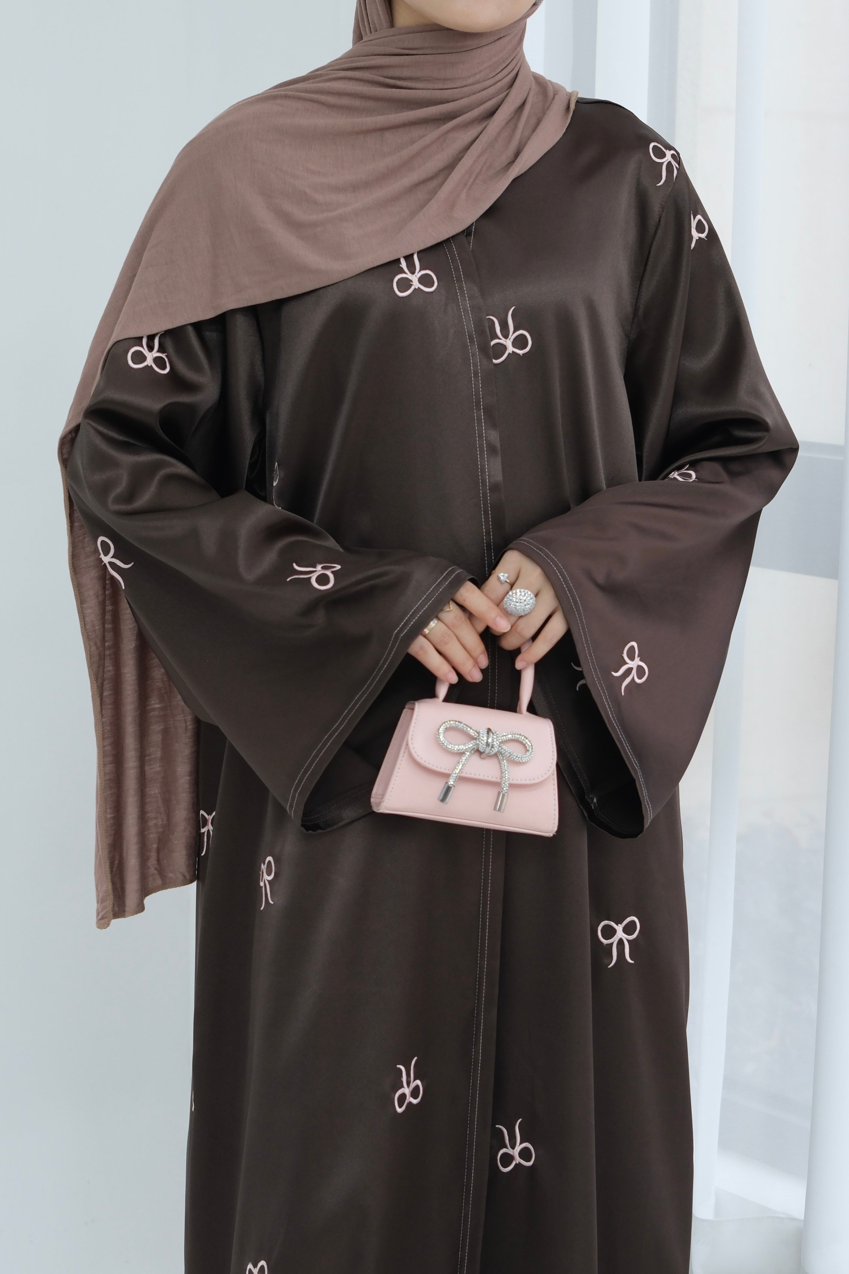 Aara Elegant Bowknot Embroidery Satin Open Abaya 798 - Coffee