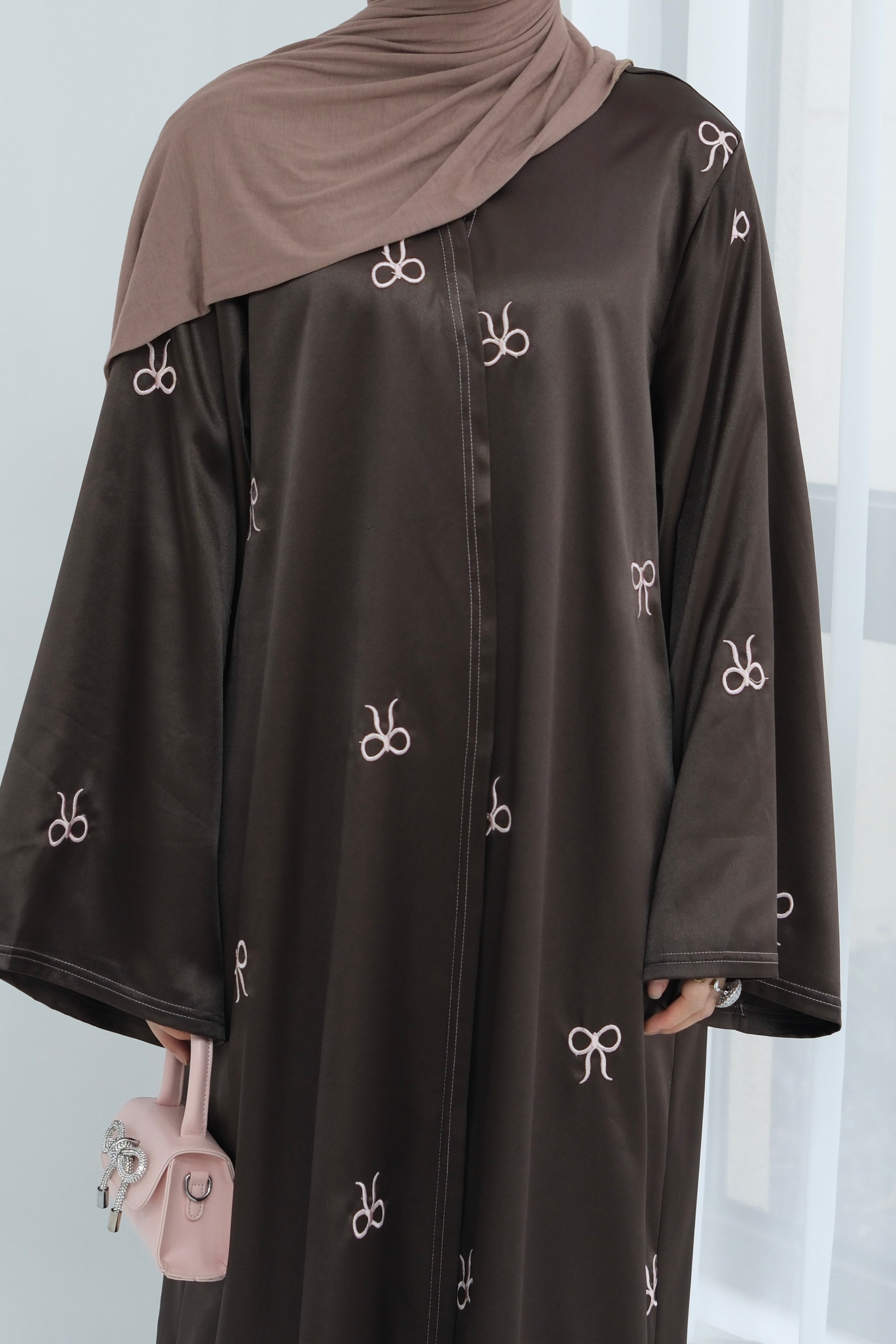 Aara Elegant Bowknot Embroidery Satin Open Abaya 798 - Coffee