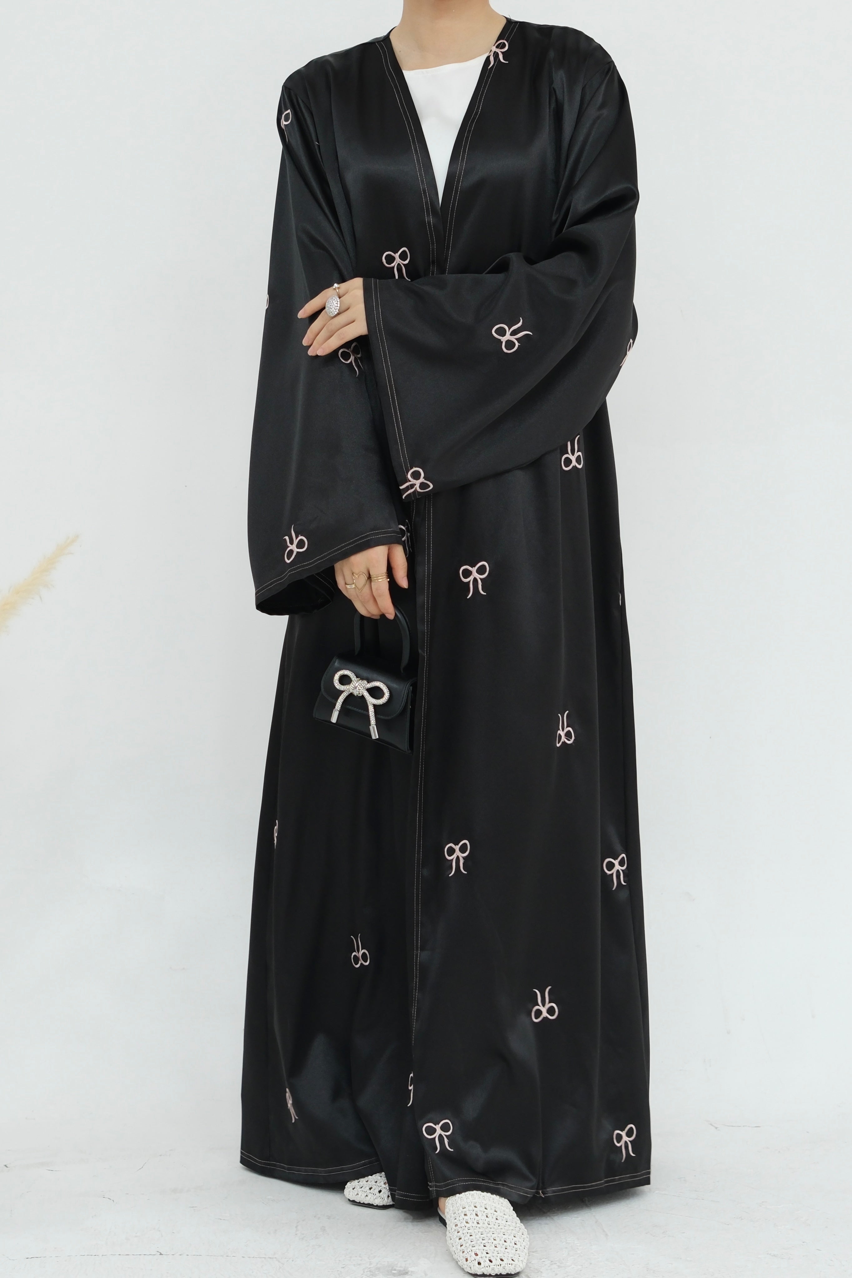 Aara Elegant Bowknot Embroidery Satin Open Abaya 798 - Black