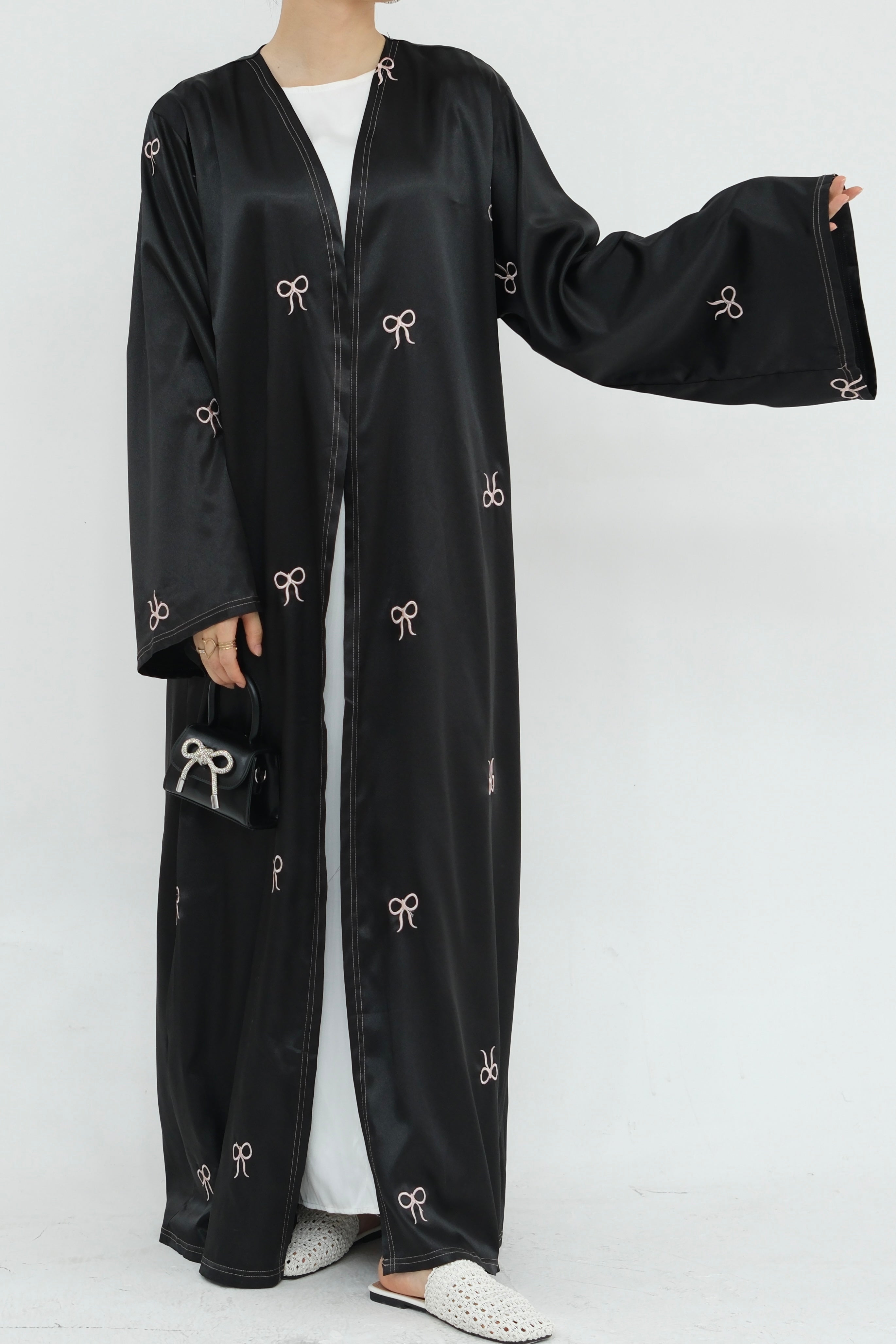 Aara Elegant Bowknot Embroidery Satin Open Abaya 798 - Black