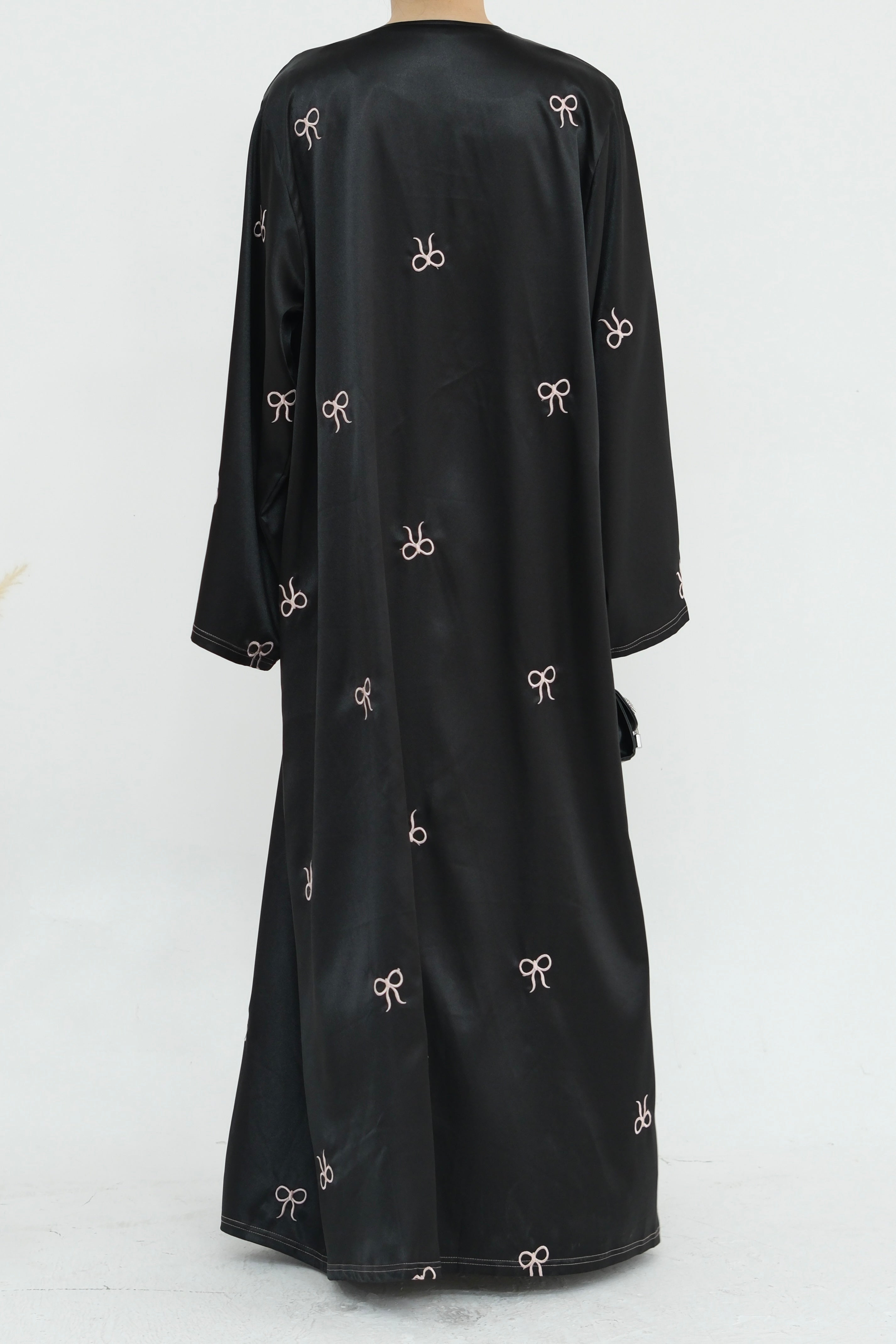 Aara Elegant Bowknot Embroidery Satin Open Abaya 798 - Black