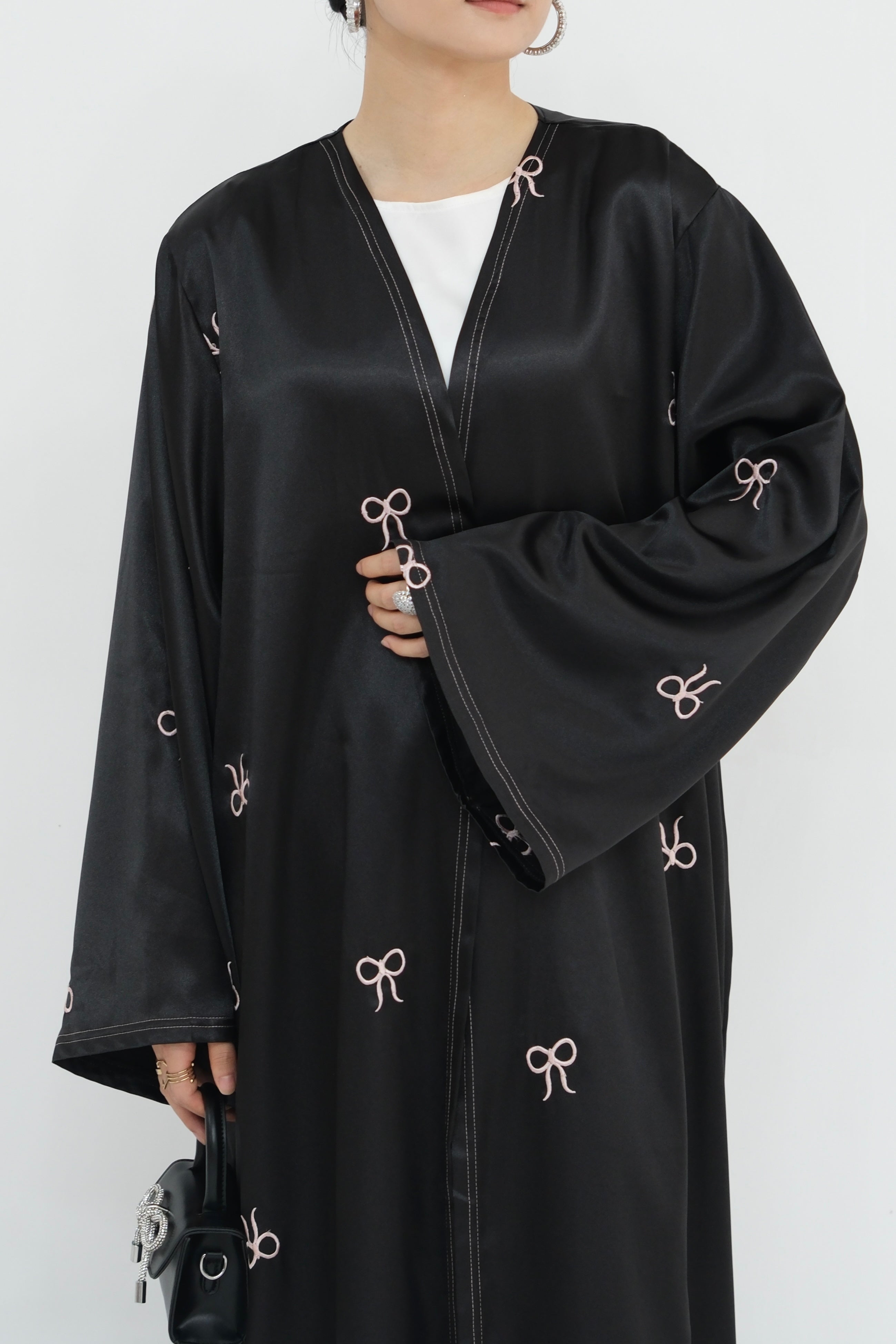 Aara Elegant Bowknot Embroidery Satin Open Abaya 798 - Black