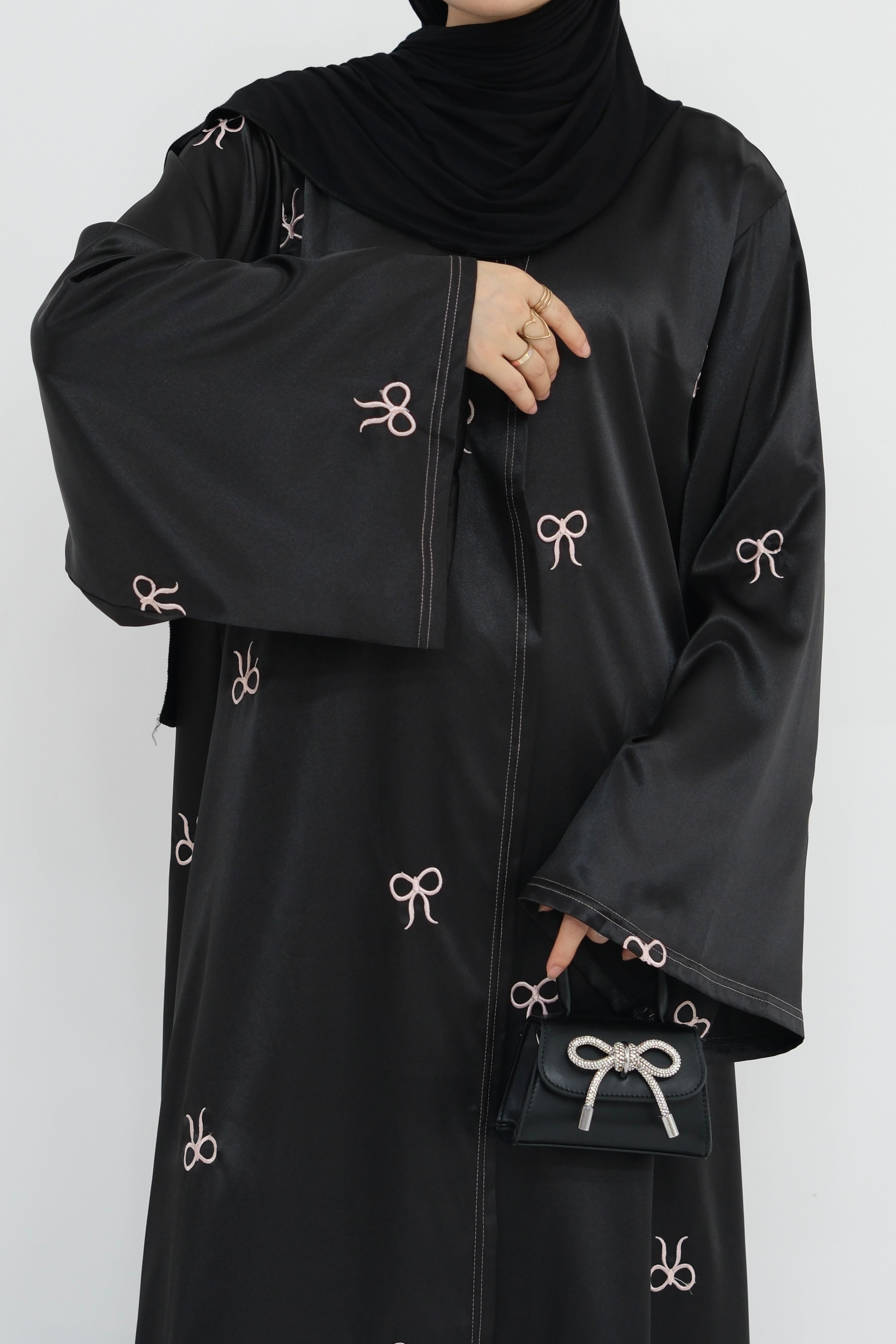Aara Elegant Bowknot Embroidery Satin Open Abaya 798 - Black