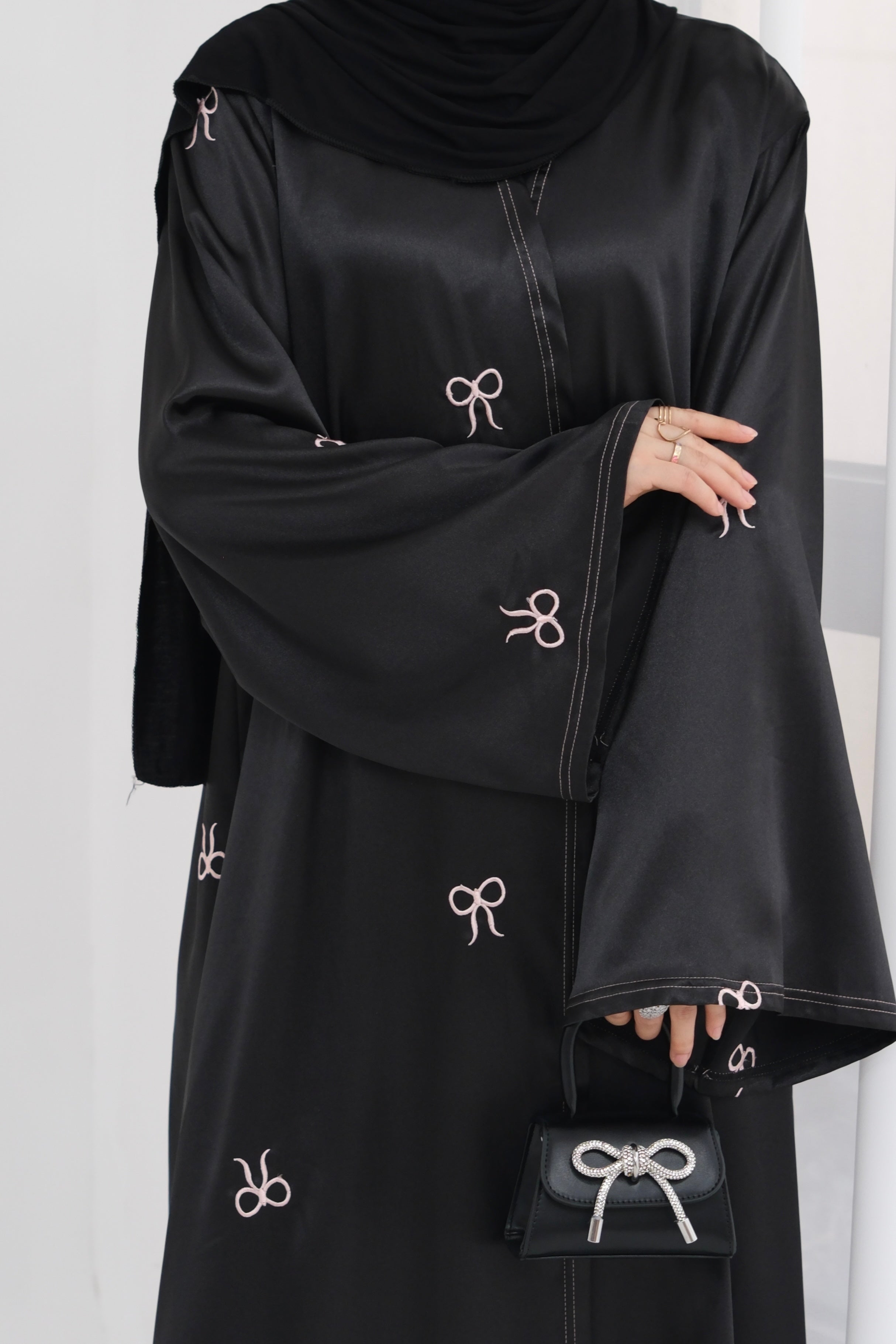 Aara Elegant Bowknot Embroidery Satin Open Abaya 798 - Black