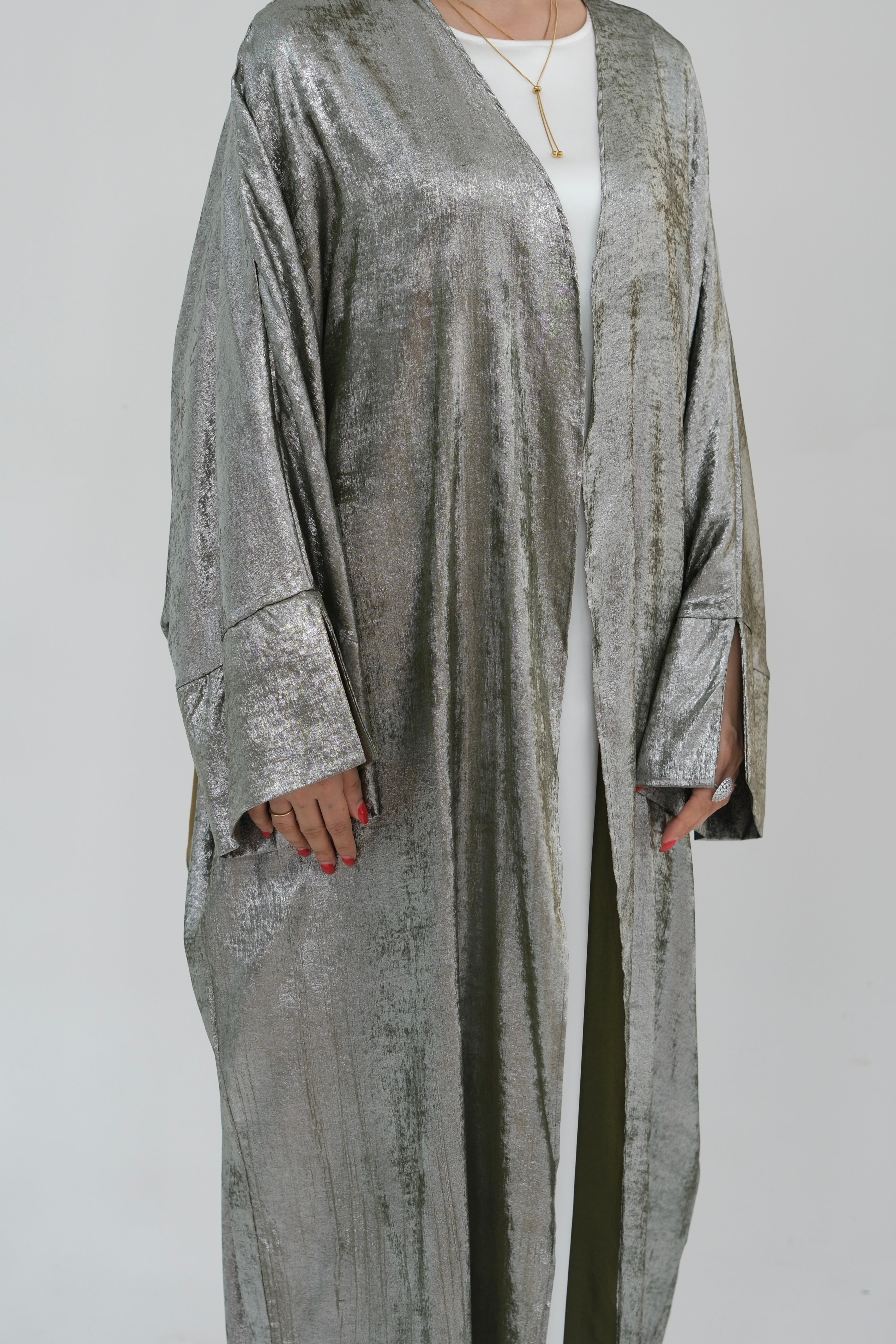 Bahraa Shiny Batwing Butterfly Open Abaya 795 - Army Green - Meliza