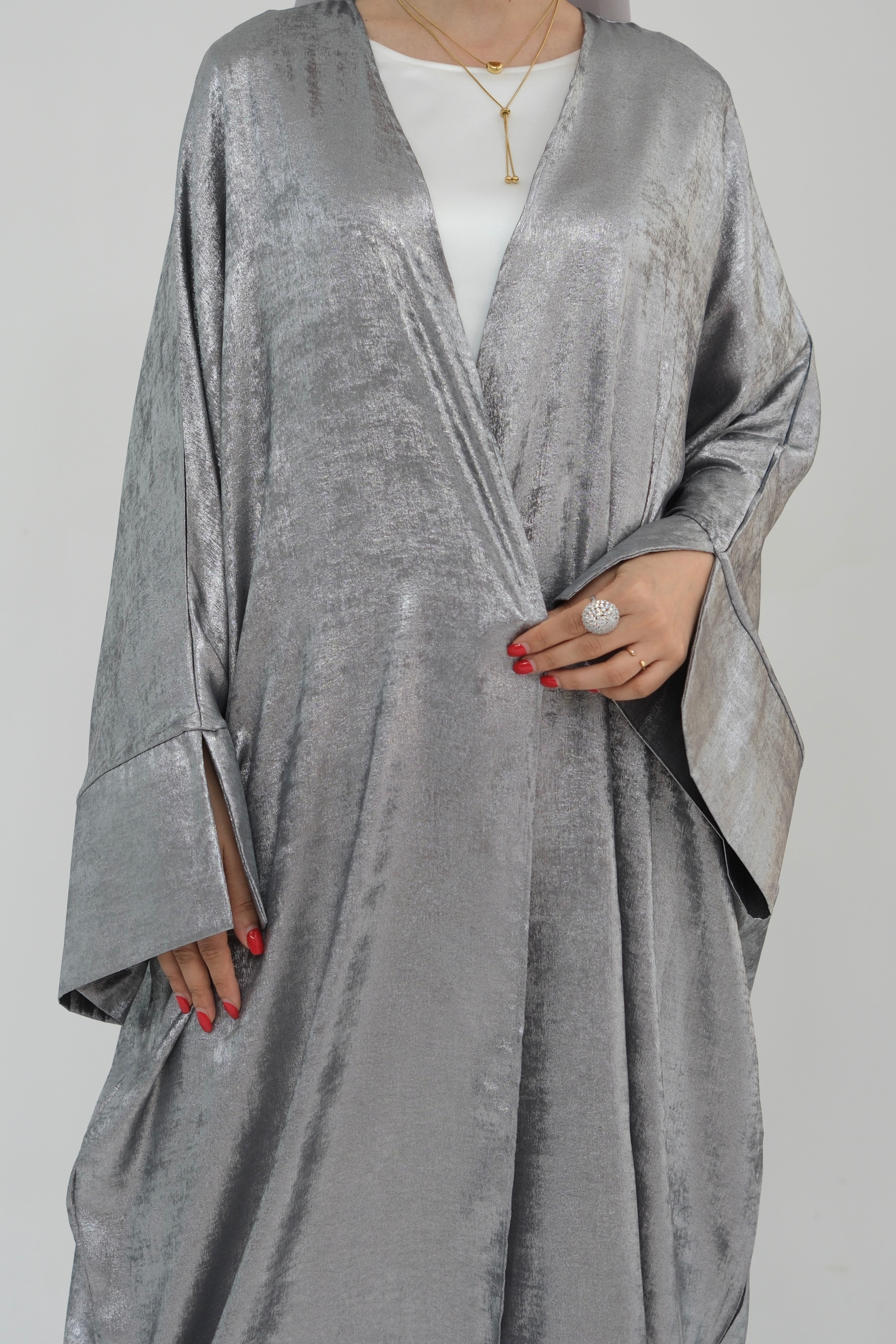 Bahraa Shiny Batwing Butterfly Open Abaya 795 - Gray - Meliza