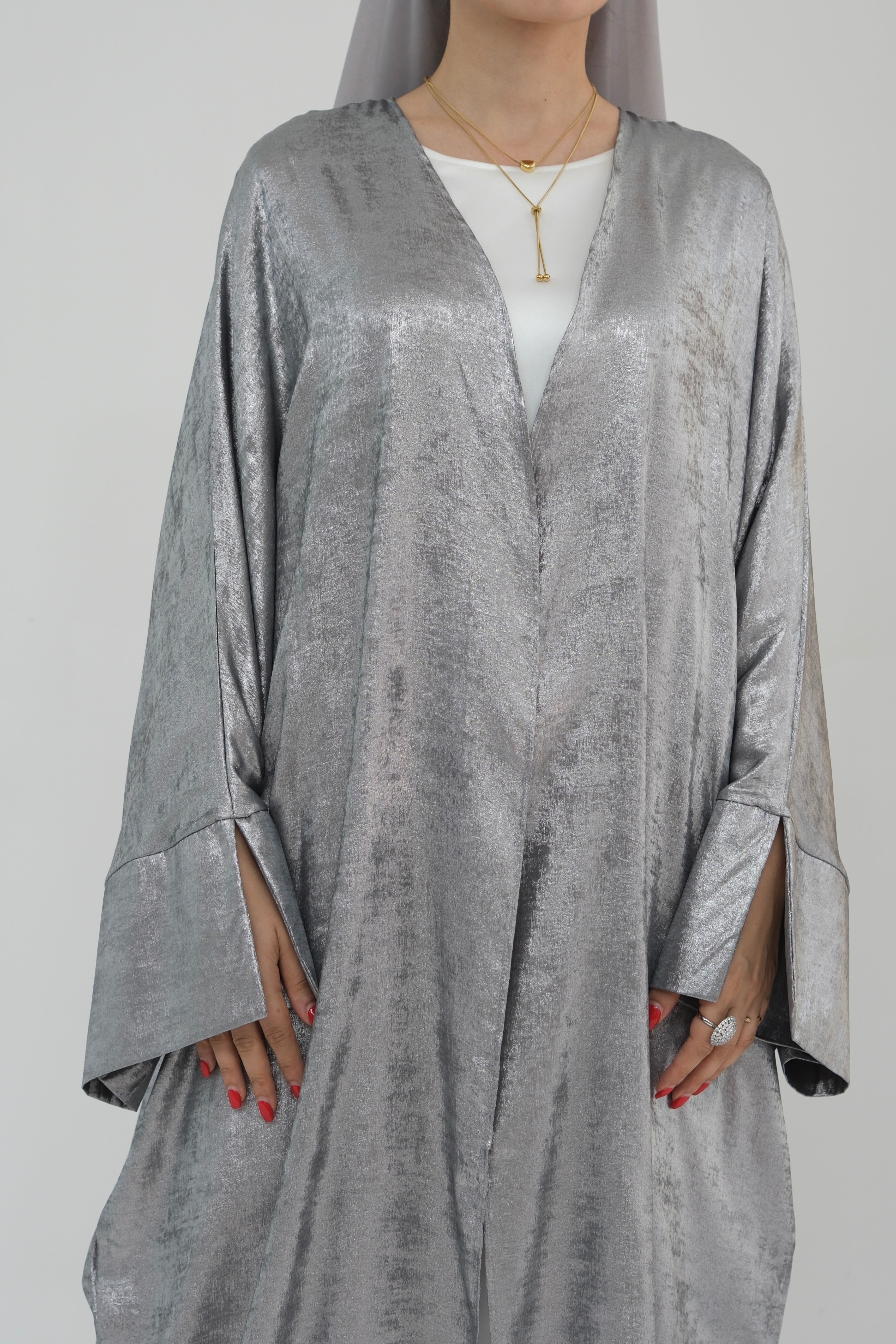 Bahraa Shiny Batwing Butterfly Open Abaya 795 - Gray - Meliza