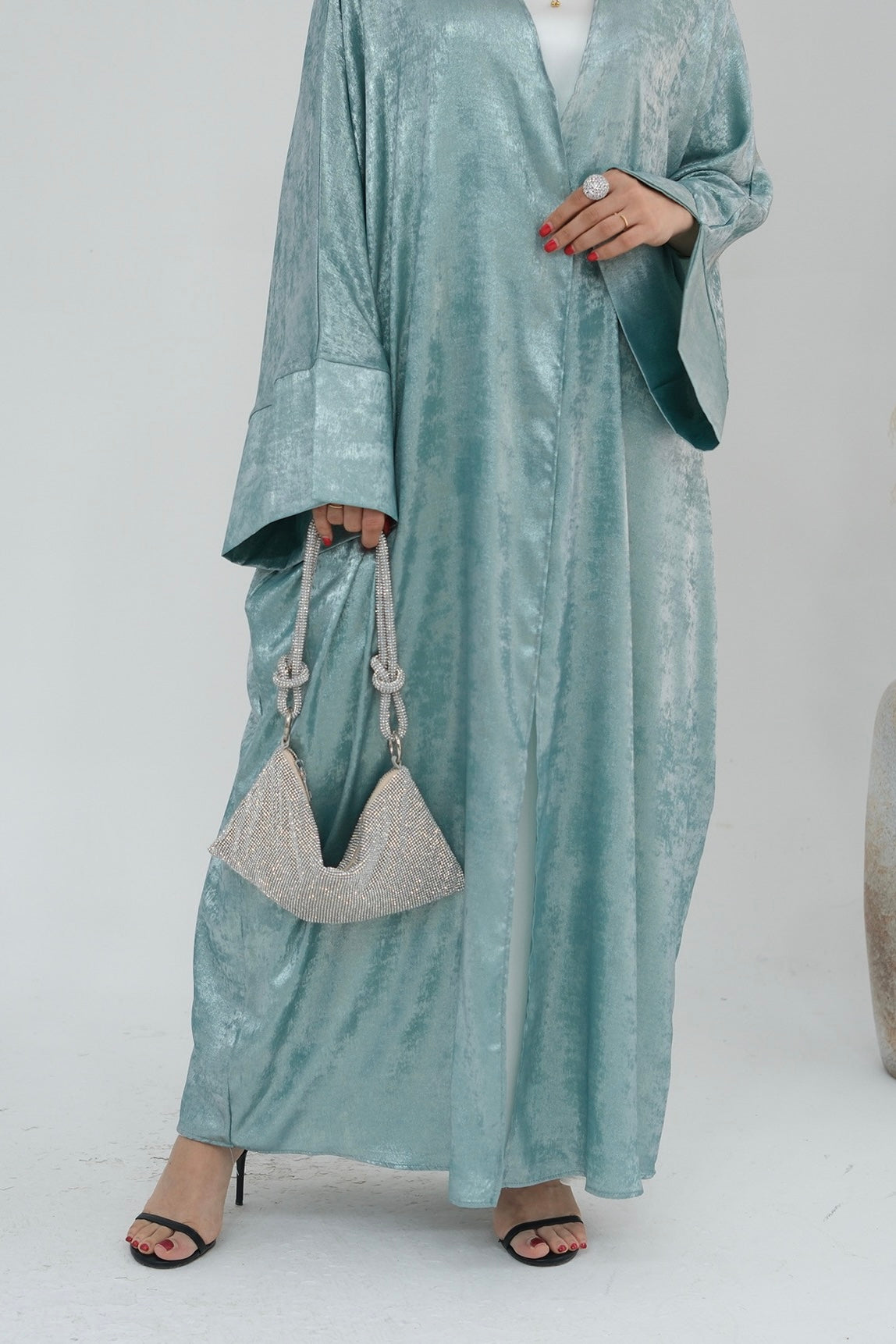 Bahraa Shiny Batwing Butterfly Open Abaya 795 - Green - Meliza