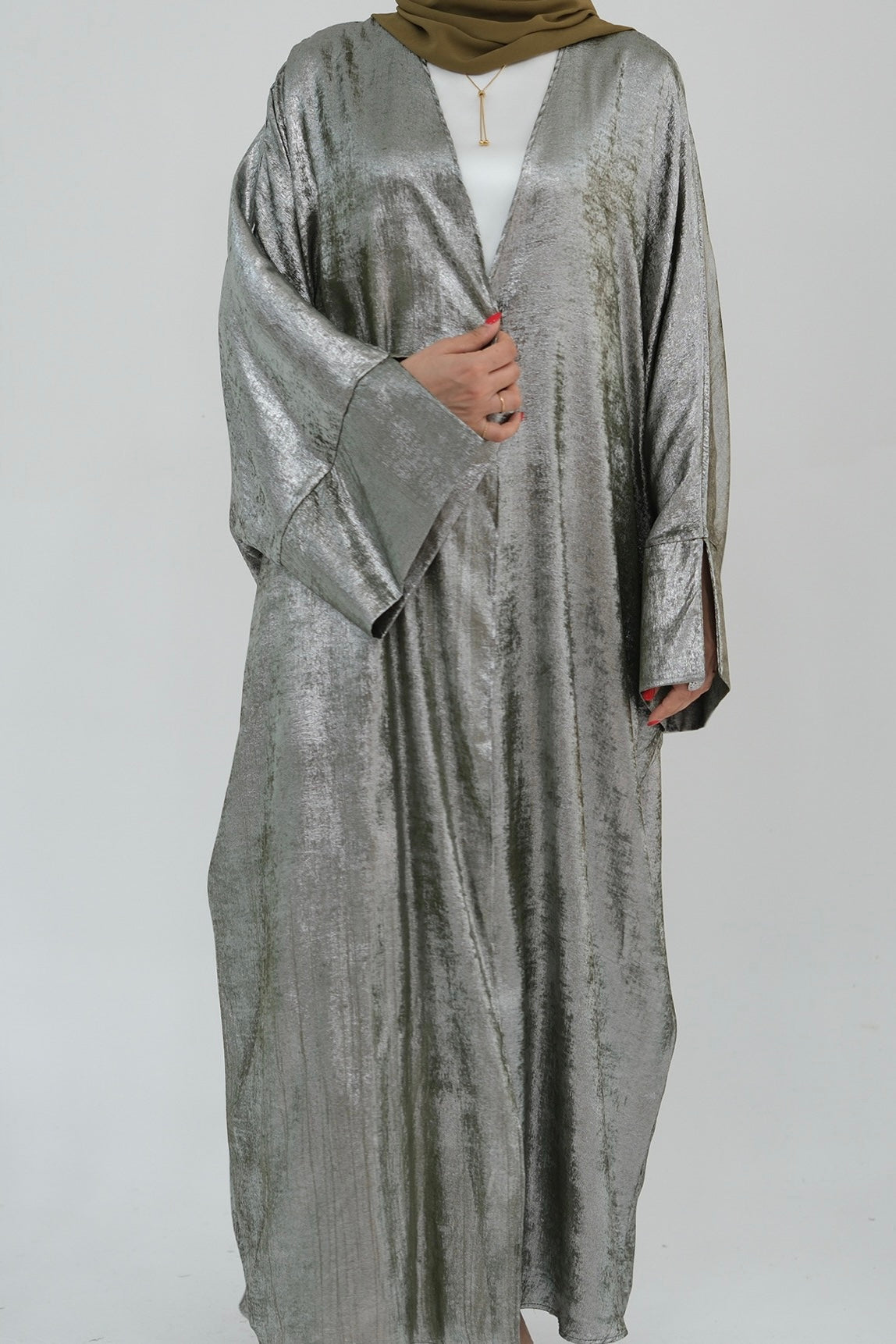 Bahraa Shiny Batwing Butterfly Open Abaya 795 - Army Green - Meliza