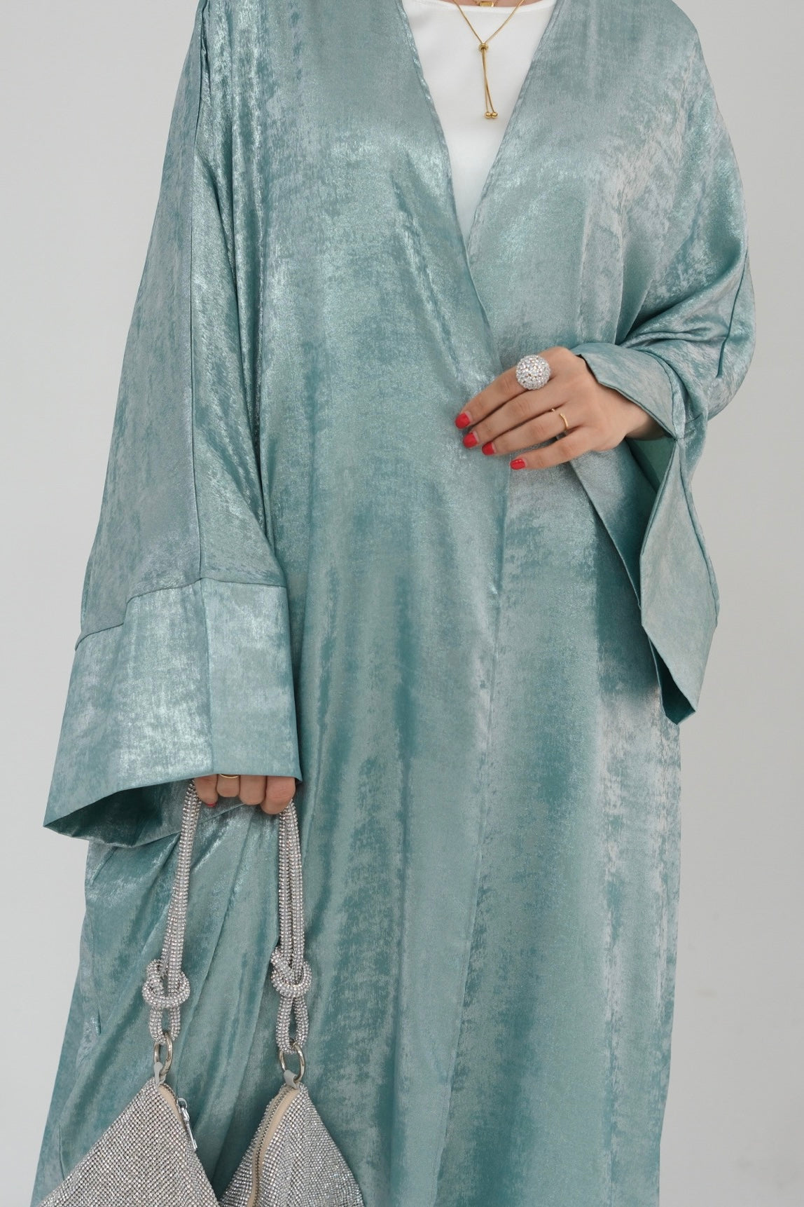 Bahraa Shiny Batwing Butterfly Open Abaya 795 - Green - Meliza