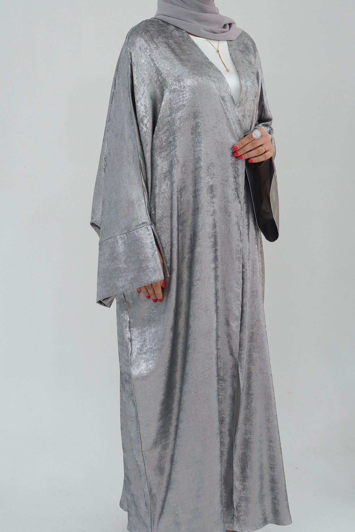 Bahraa Shiny Batwing Butterfly Open Abaya 795 - Gray - Meliza