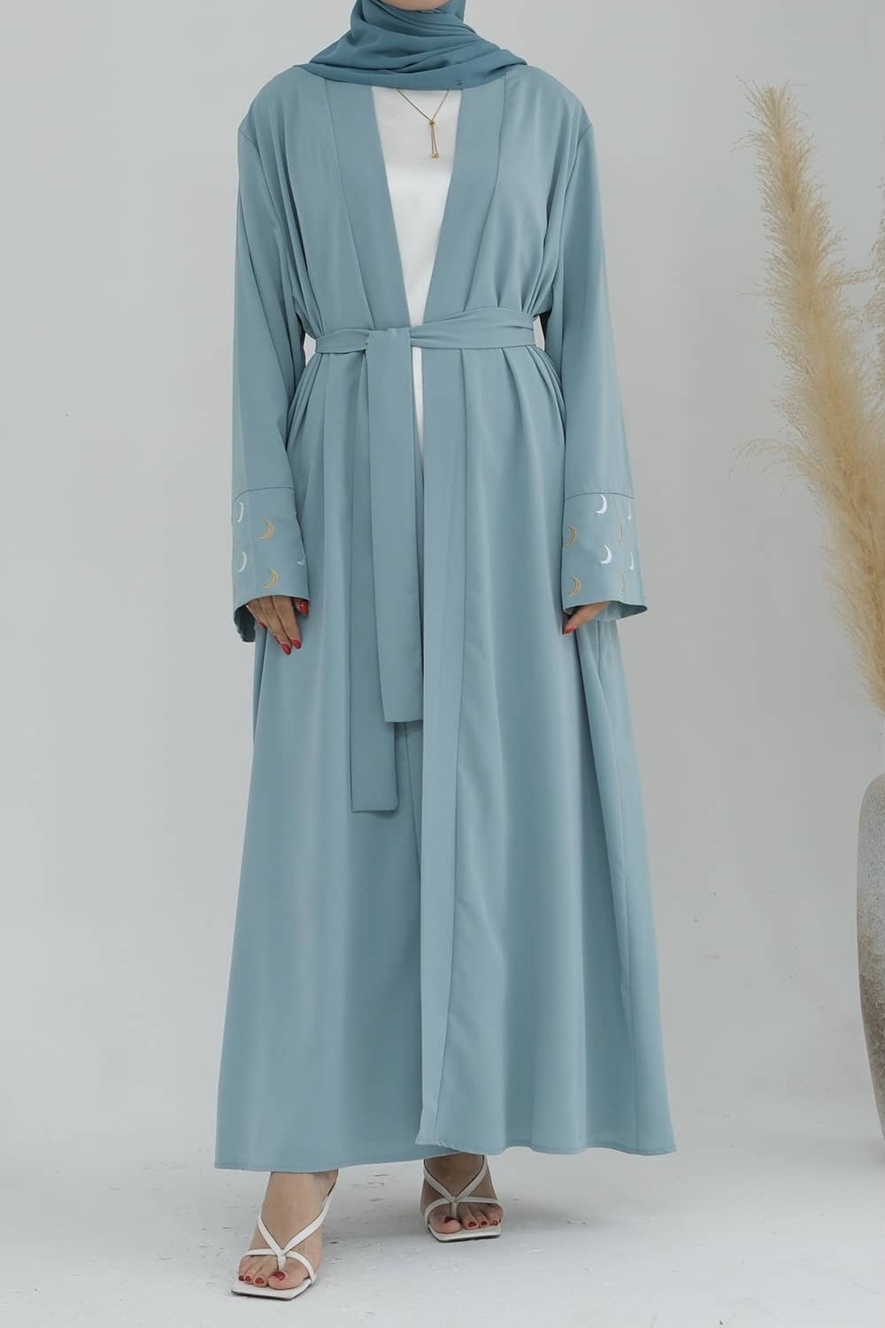 Najma Moon Embroidery modest open abaya with belt 785 - Light Green - Meliza