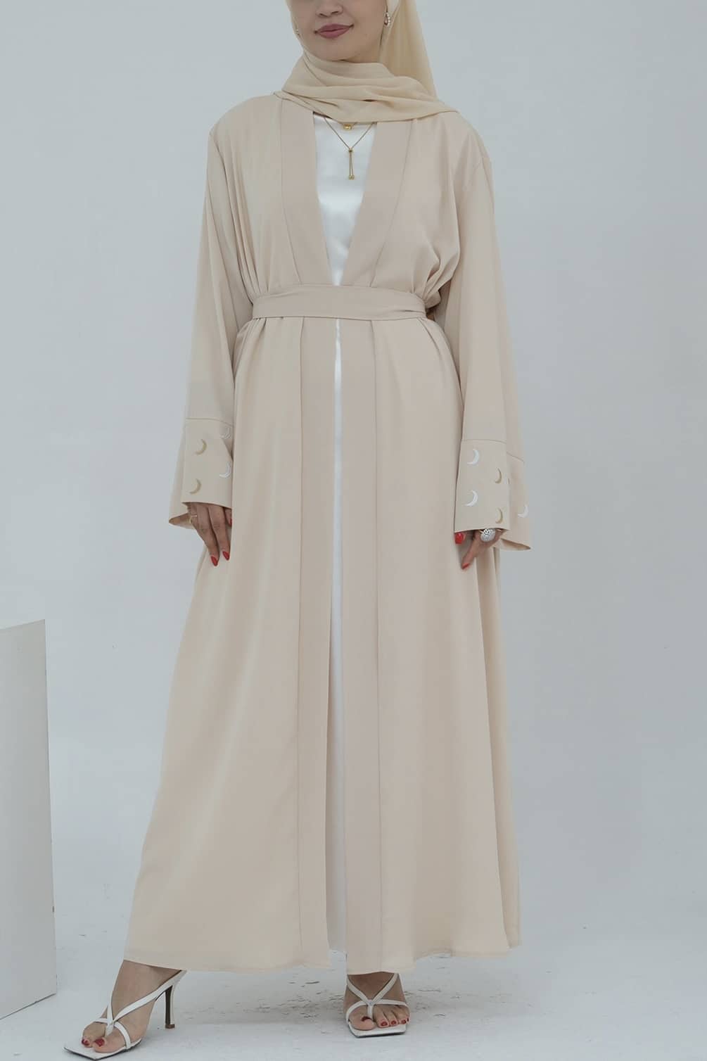 Najma Moon Embroidery modest open abaya with belt 785 - Beige, Beige / XXL Najma Moon Embroidery modest open abaya with belt 785 - Beige, Beige / XXL