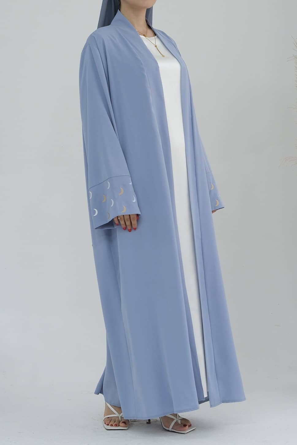 Najma Moon Embroidery modest open abaya with belt 785 - Light Blue - Meliza