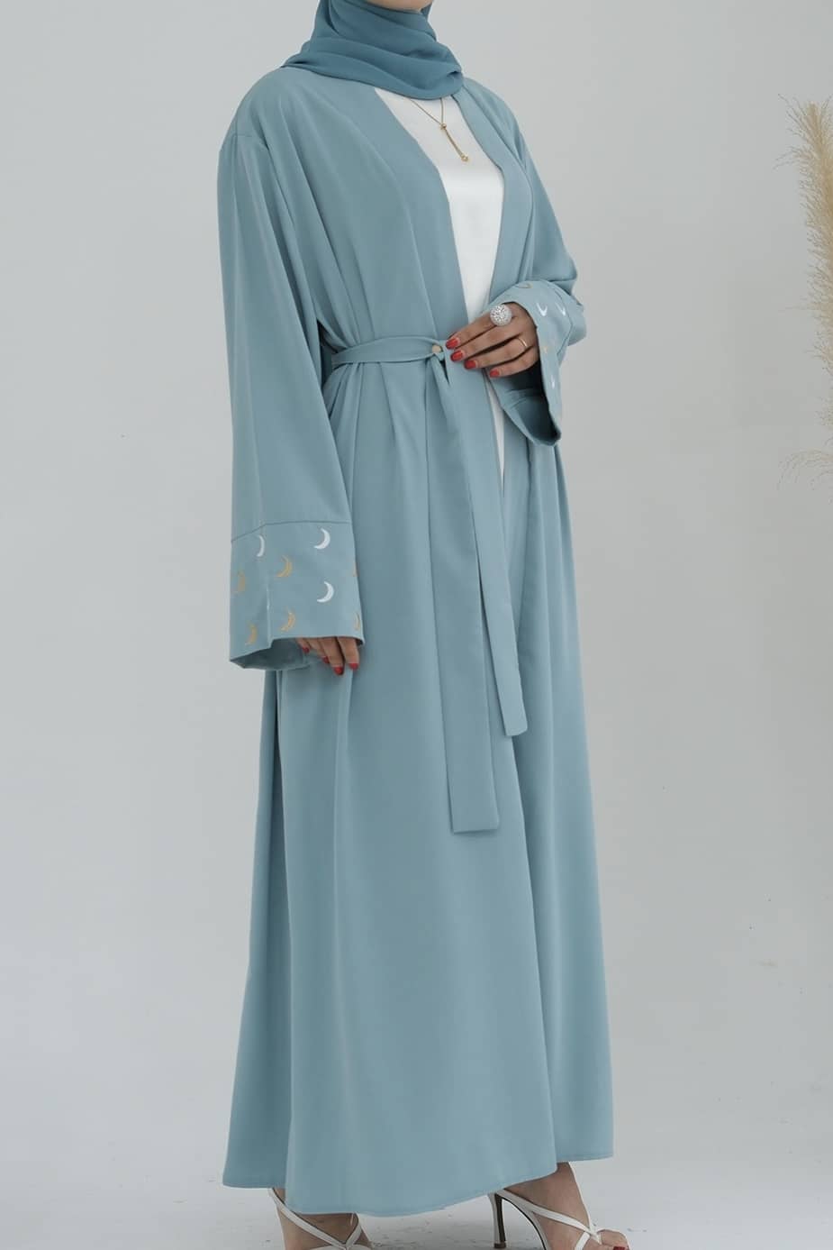 Najma Moon Embroidery modest open abaya with belt 785 - Light Green - Meliza