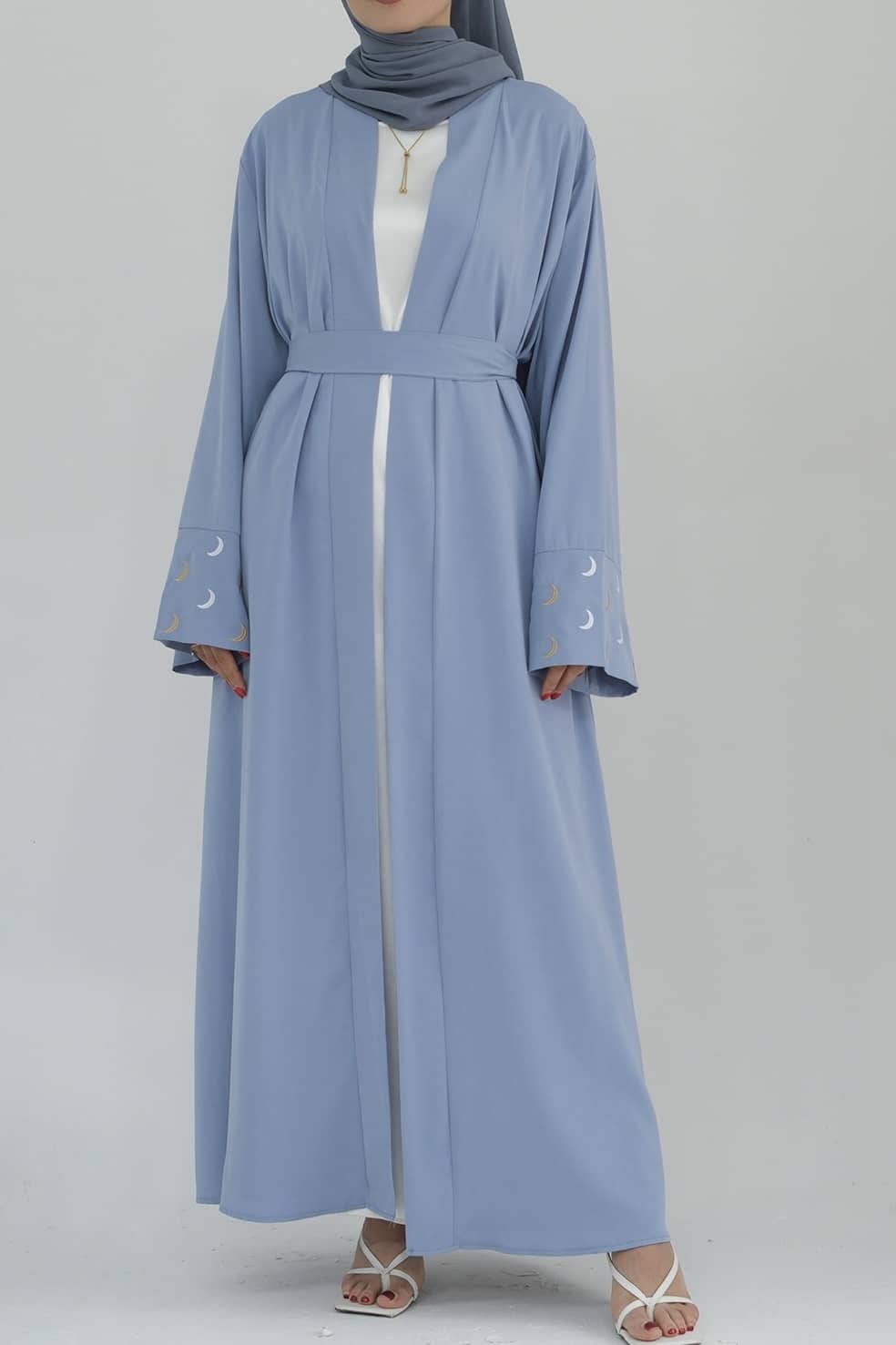 Najma Moon Embroidery modest open abaya with belt 785 - Light Blue - Meliza