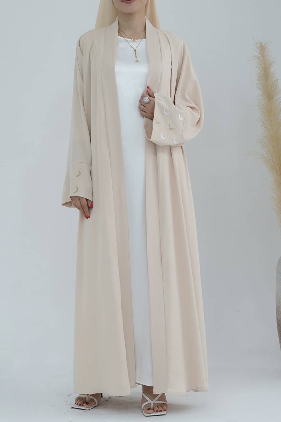 Najma Moon Embroidery modest open abaya with belt 785 - Beige - Meliza