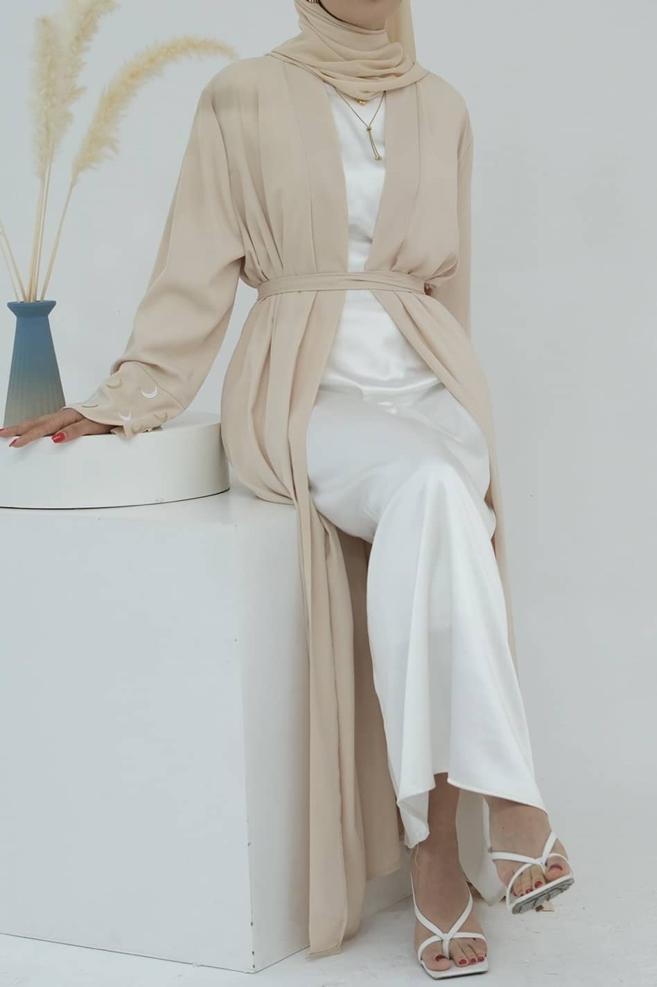 Najma Moon Embroidery modest open abaya with belt 785 - Beige - Meliza