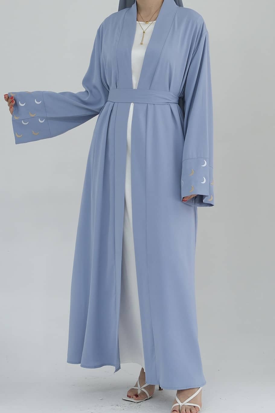Najma Moon Embroidery modest open abaya with belt 785 - Light Blue - Meliza