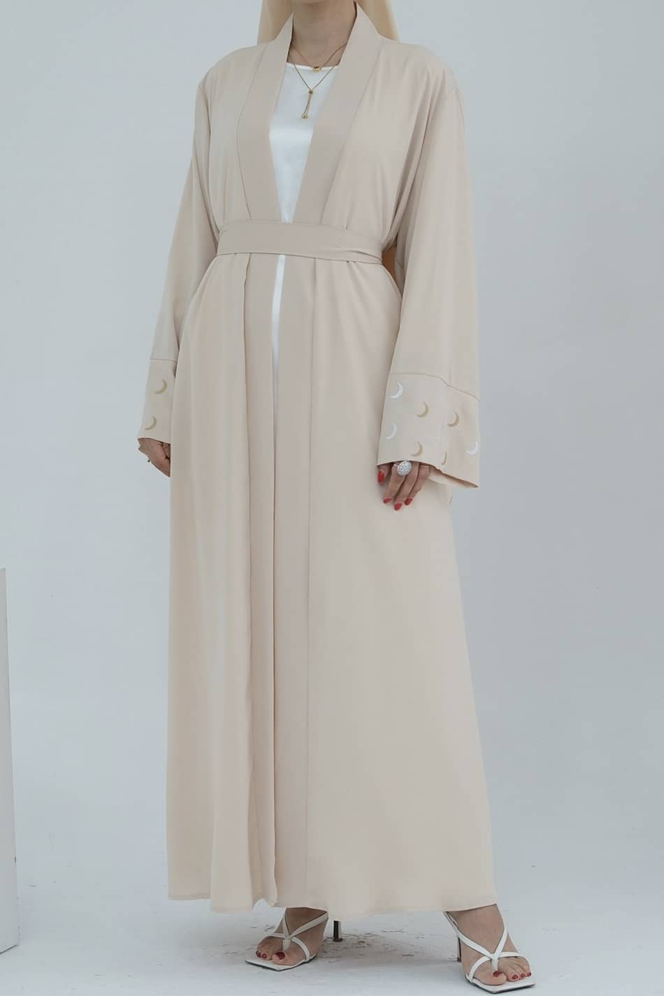 Najma Moon Embroidery modest open abaya with belt 785 - Beige - Meliza