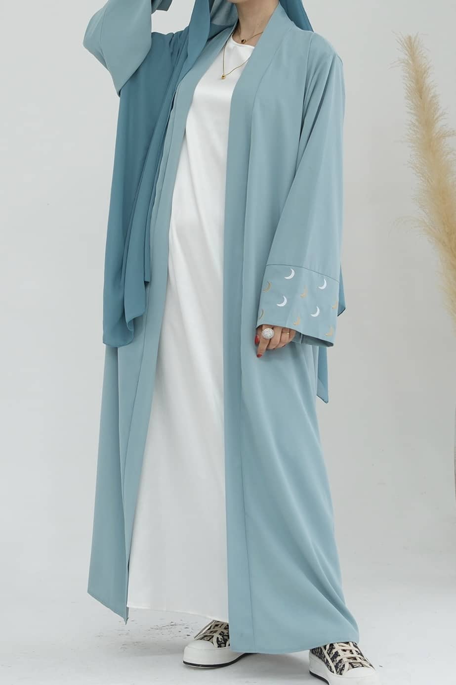 Najma Moon Embroidery modest open abaya with belt 785 - Light Green - Meliza