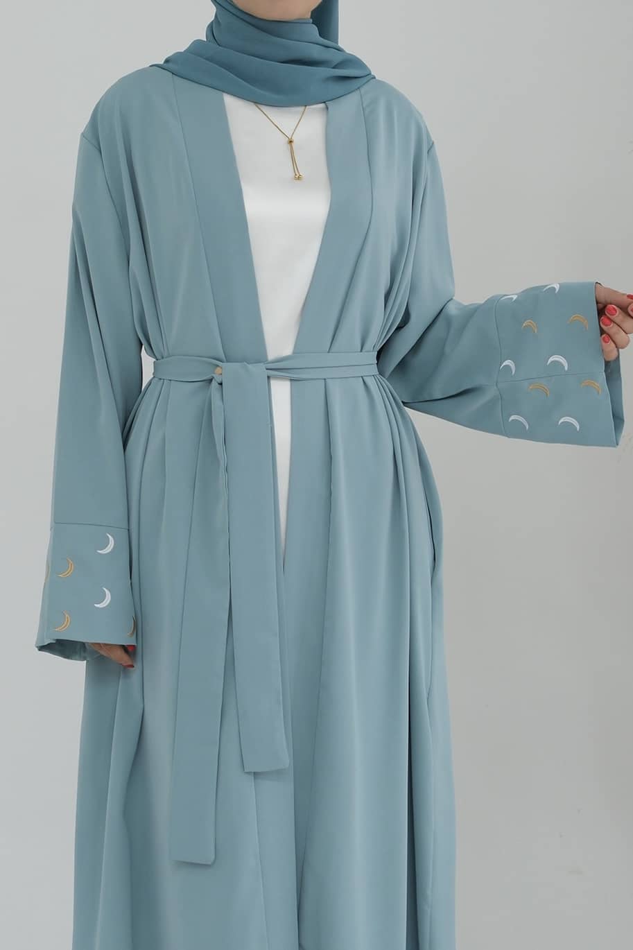 Najma Moon Embroidery modest open abaya with belt 785 - Light Green - Meliza