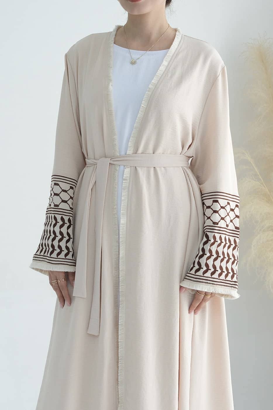 Karina Keffiyeh Inspired Fringed Peace Dove Pattern Embroidery Modest Open Abaya with belt 763 - Beige - Meliza