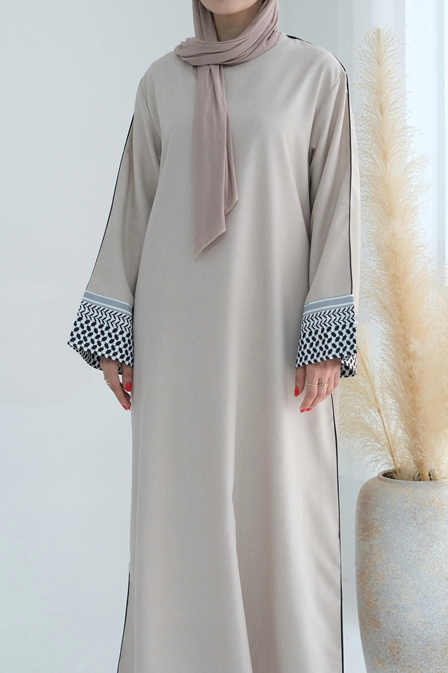 Yasmin Keffiyeh Inspired Peace Dove Pattern Embroidery Maxi Dress Abaya 764 - Beige